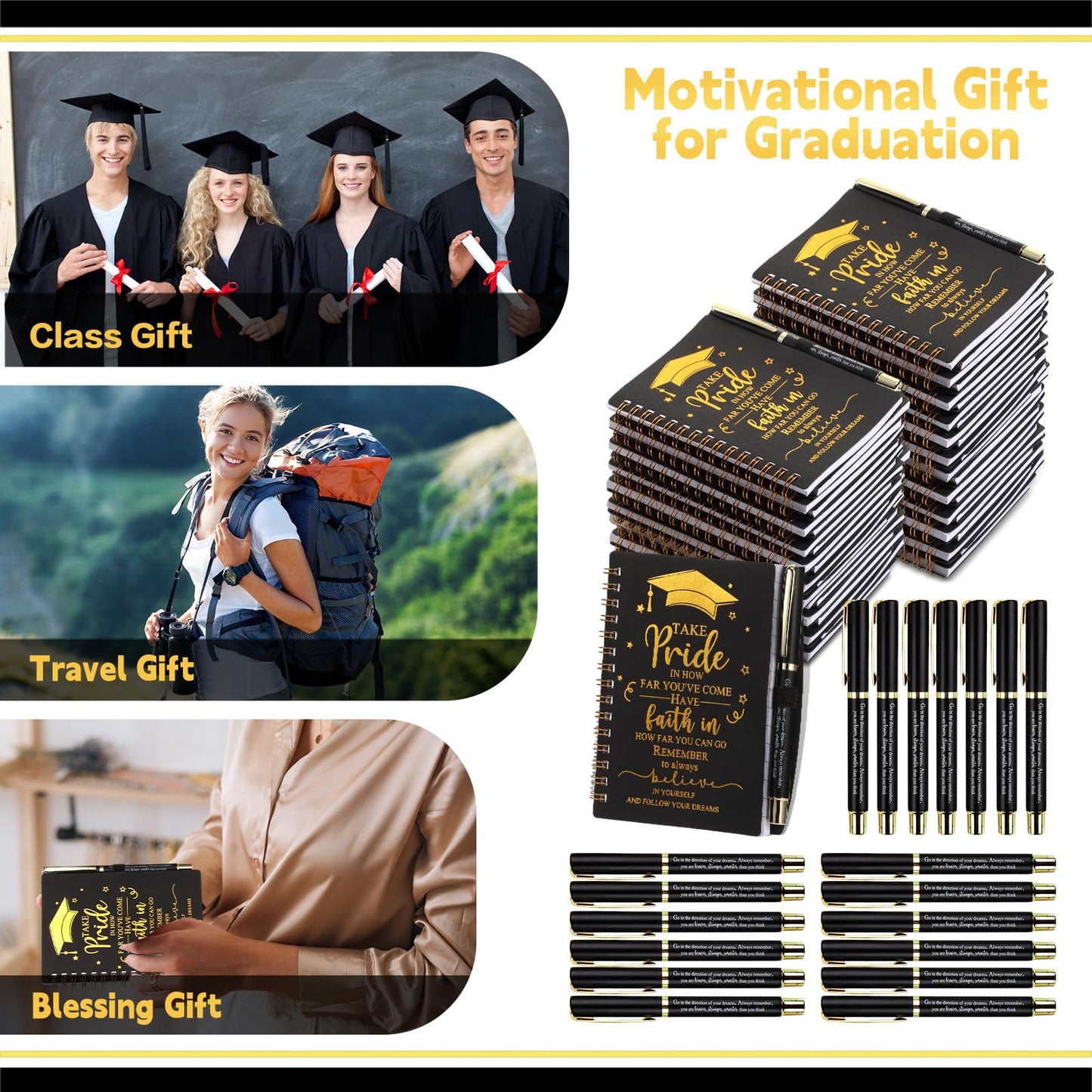 FillTouch 20 Sets 2026 Graduation Gifts Bulk Inspirational Spiral Journal with Motivational Pen Kraft Notebooks Class of 2026 Gifts for College Graduate (Black)
