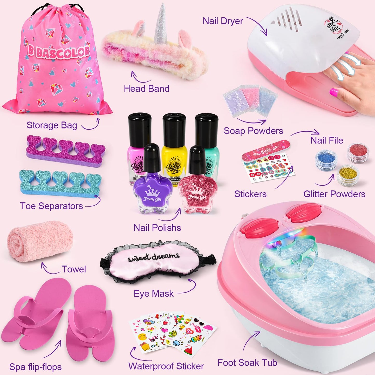 B Bascolor Kids Foot Spa & Nail Kit Set, Kids Spa Day Kit for Girls, Massage Foot Soak Tub and Nail Dryer, Manicure Pedicure Art Salon Girl Gift for 5-12, Christmas Birthday Gifts