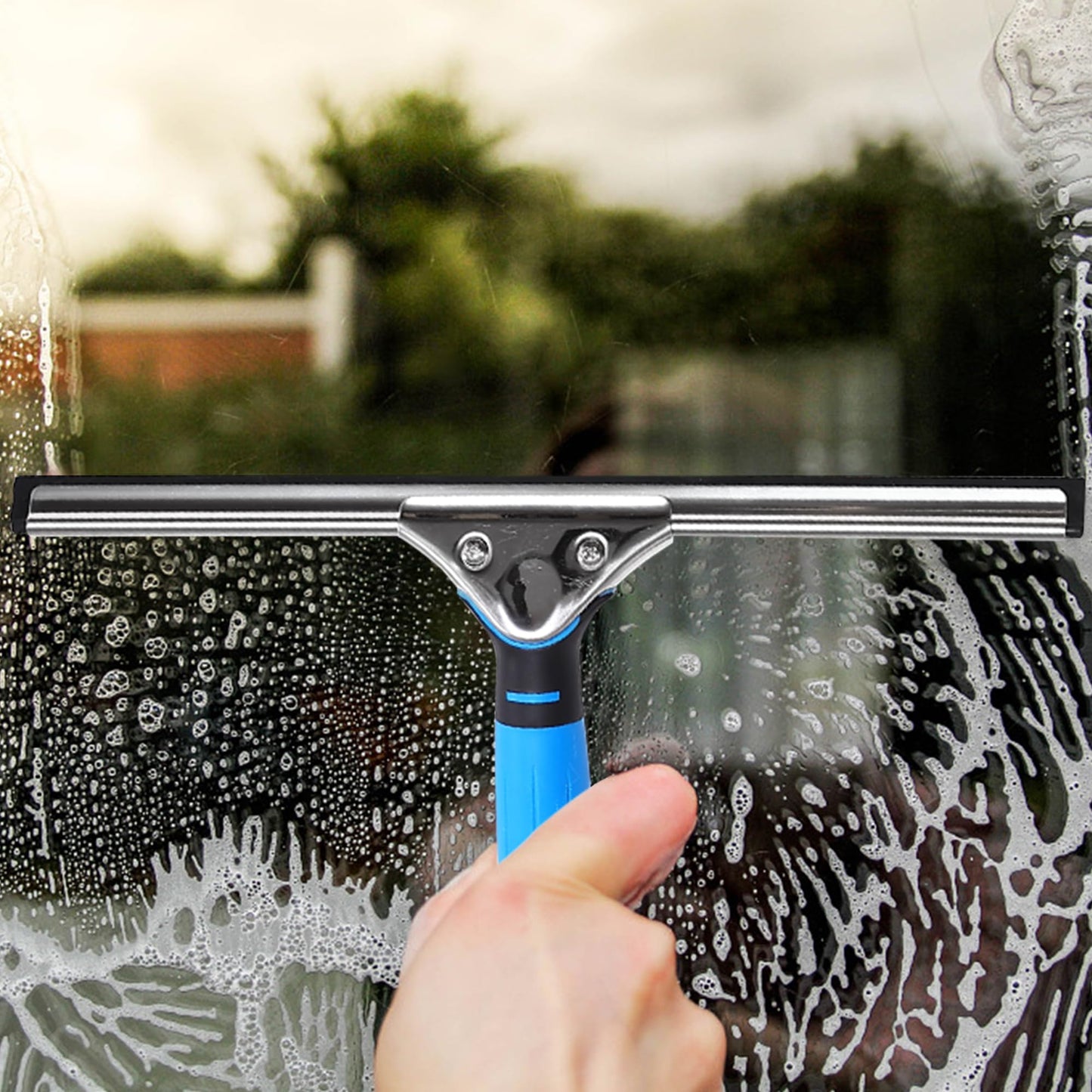 HYCDFCS Squeegee for Window Cleaning,Window Cleaning Squeegee kit with Bucket&Microfiber Scrubber,Bathroom,Shower Doors,Mirrors,Tiles,and Car Windows Blue