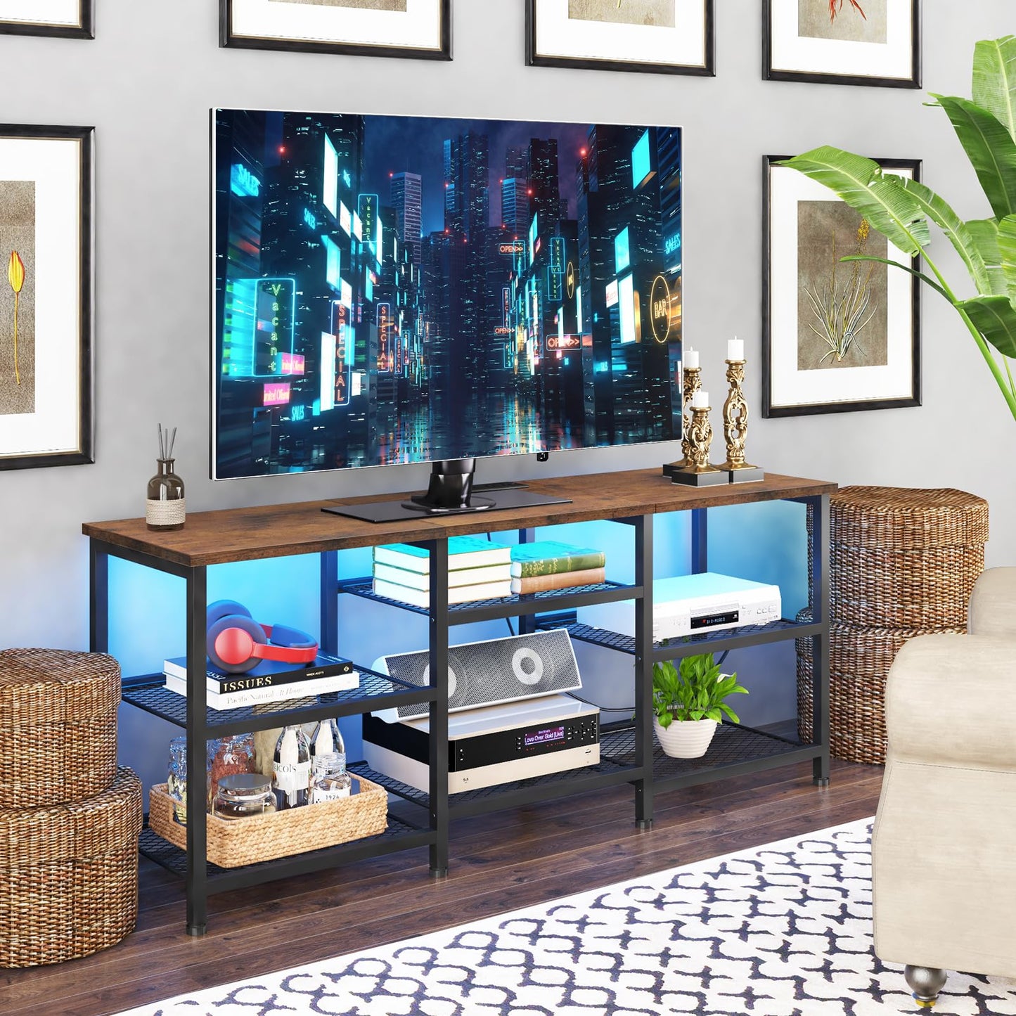 YGEOMER TV Stand for Living Room TVs Up to 55 Inches, Entertainment Center with Power Outlet and LED Lights Open Storage Shelves, TV Console for Bedroom, Rustic Brown