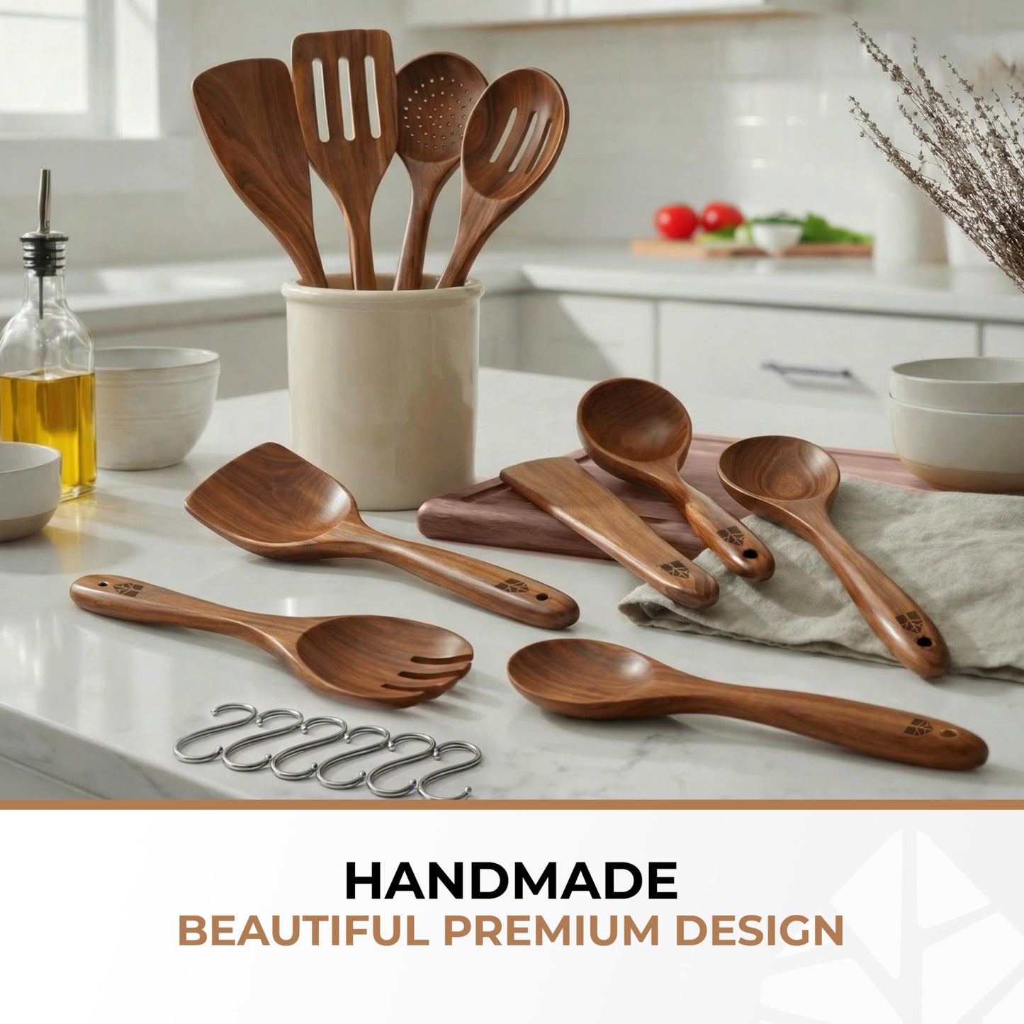 Wooden Spoons for Cooking – 10 Pcs Premium Teak Wooden Utensil Set with Hooks - Durable, Nonstick Safe, Easy to Clean & Heat Resistant with Ergonomic Handles