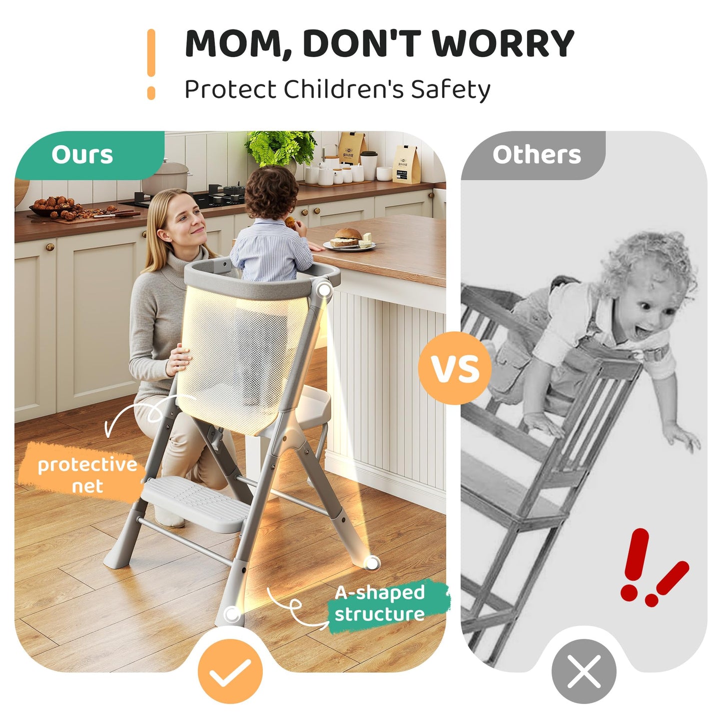 Toddler Tower, Non-Folding Structure for Maximum Stability, Kitchen Stool Helper with Anti-Tipping Structure and Safety Net, Ultra-Secure, Ideal for Toddlers 18 Months to 4 Years, Gray