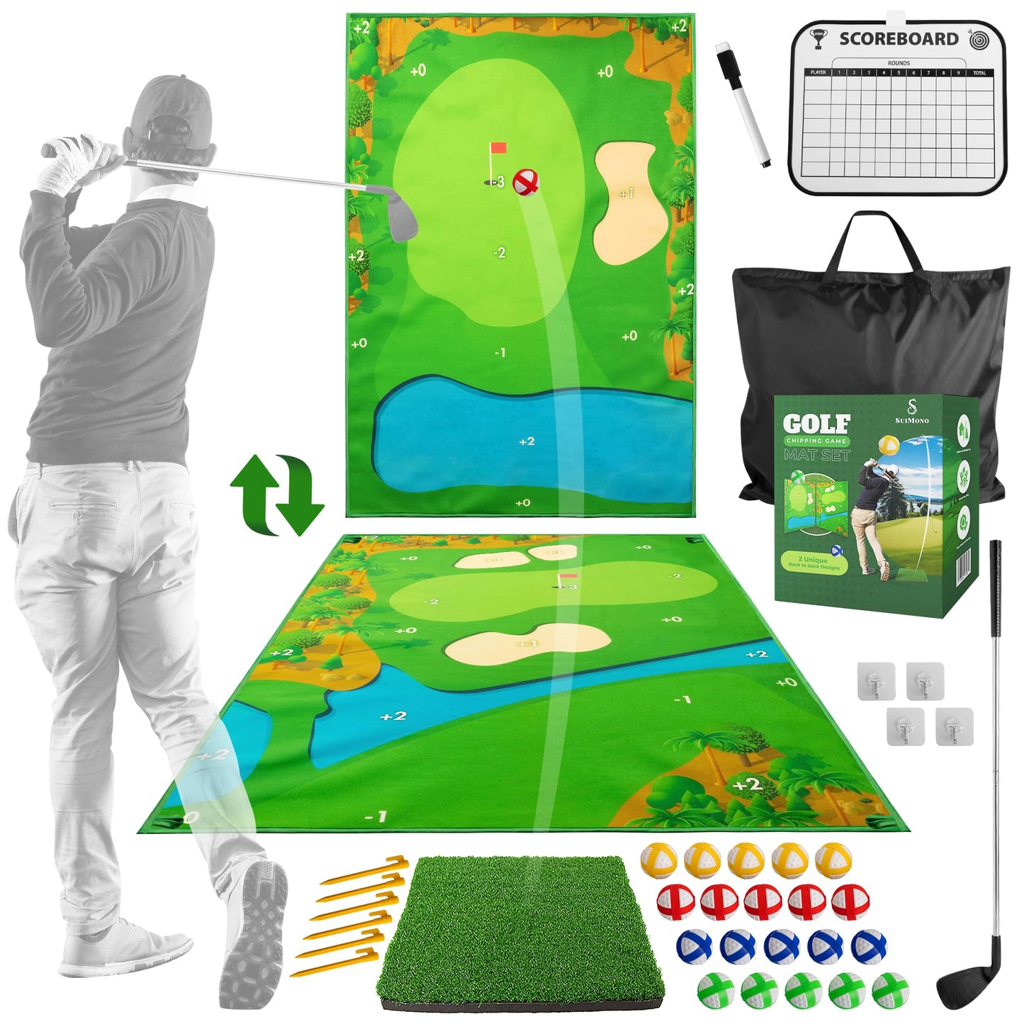 Battle Golf Game - Dual-Sided Golf Mat, Realistic Golf Course Design & Scoring System, Adjustable Height Clubs - Thick Grass-Like Golf Mat for Indoor/Outdoor Family Golf Activity (2 Clubs, 36 Balls)