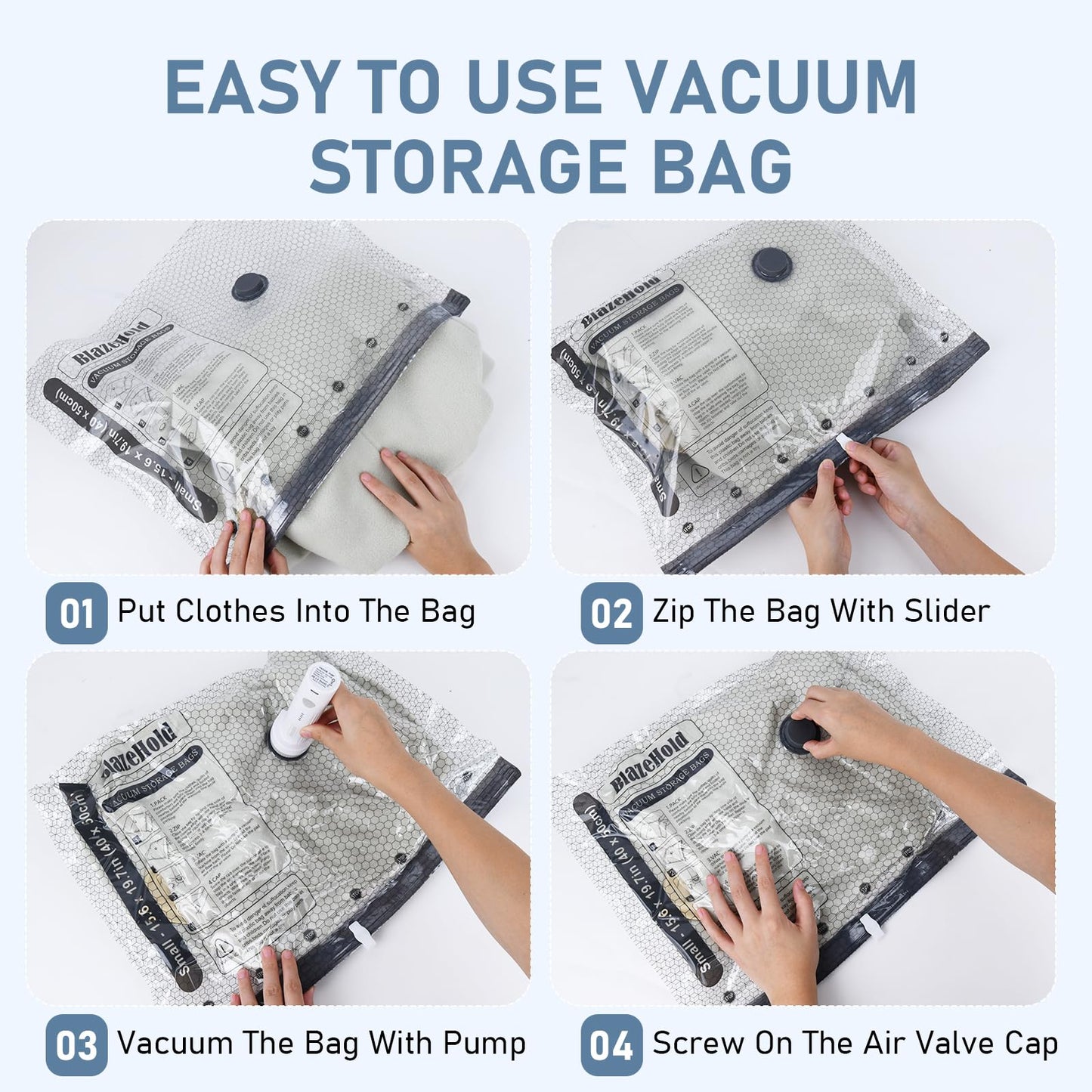 BlazeHold Travel Vacuum Storage Bags with Rechargeable Cordless Pump, 20 Pack 4 Sizes Compression Packing Bag Set for Luggage, Thickened Vacuum Seal Bags for Clothing, Triple-Zipper Sealer Upgrade