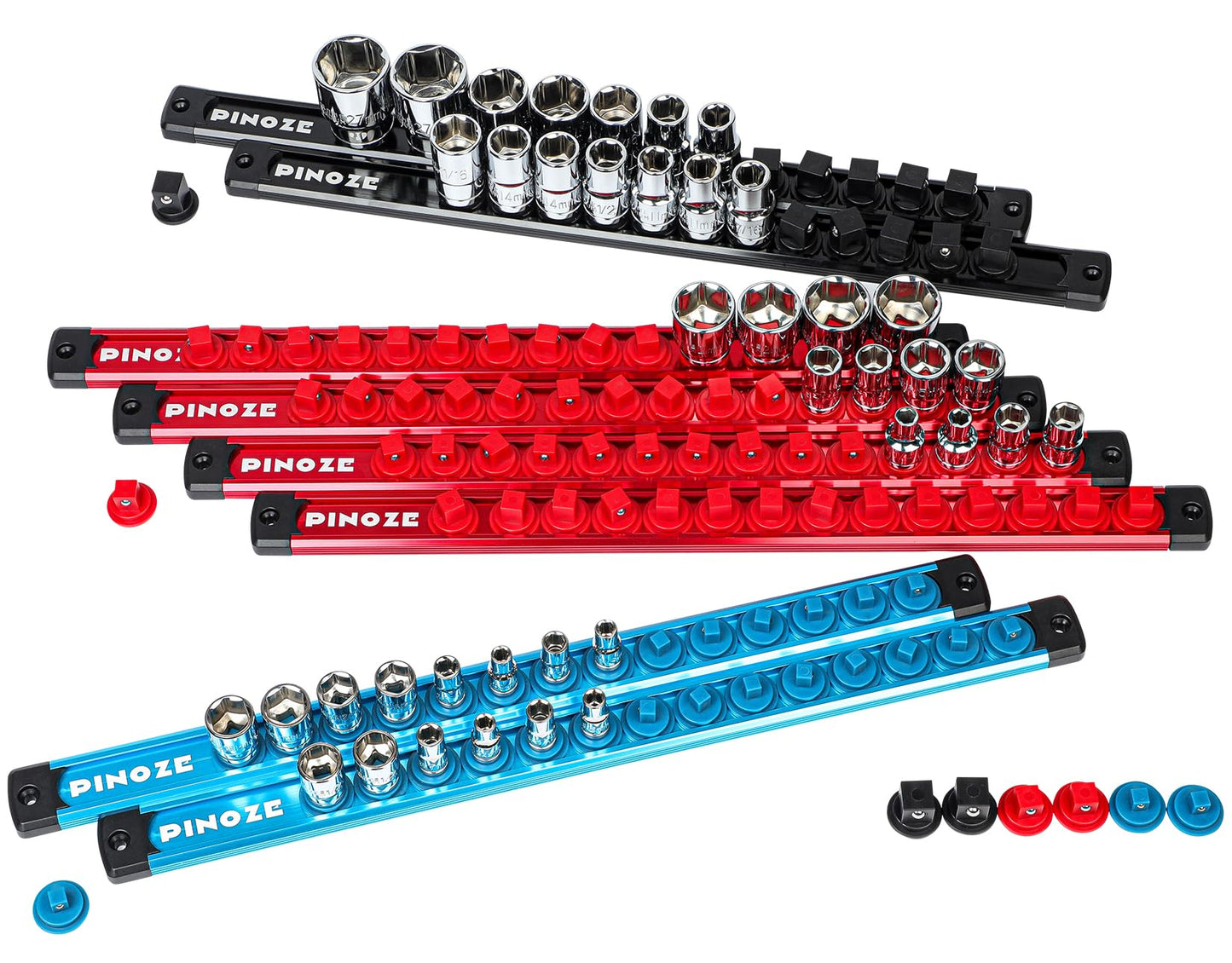 PINOZE 8PCS Magnetic Socket Holder Organizer Set - 1/4, 3/8, 1/2 - Aluminum Alloy Socket Rail Trays for Tool Box Drawer, Socket Rack Kit with 114Pcs Clips for Automotive Garage(Blue Red Black)