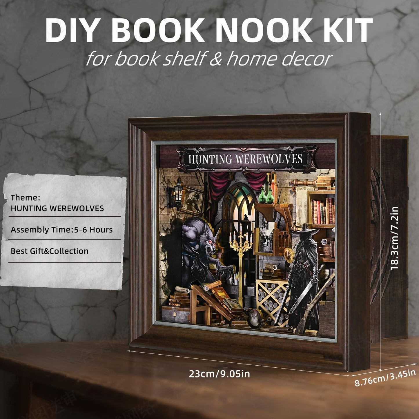 Book Nook Kit-3D Wooden Puzzle with LED Switch Control & Wall-Mountable Frame,DIY Miniature House for Beginners,Bookshelf/Tabletop/Wall Decor for Craft Lovers,Dollhouse Gift,Hunting Werewolves