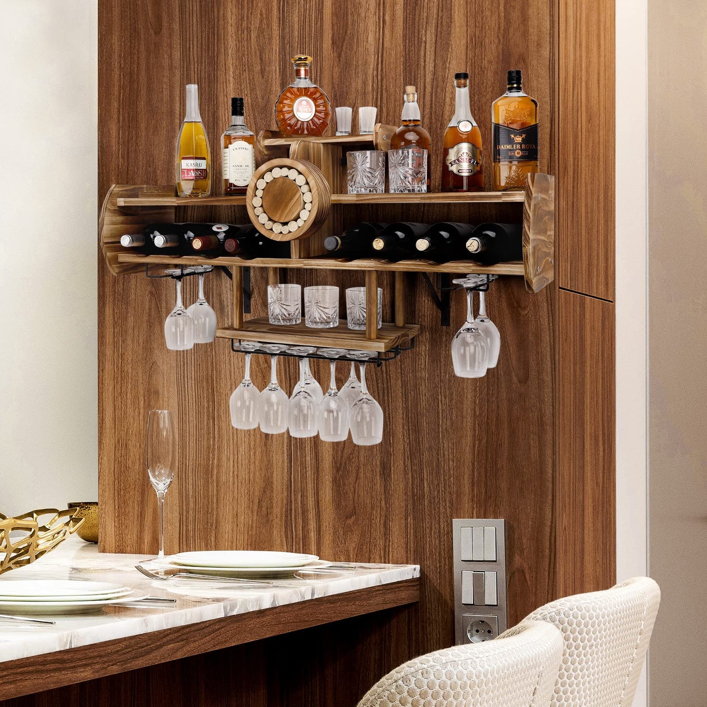 Homde Wine Rack Wall Mounted Wood,Alcohol Shelf with Bottle Stemware Glass Holder Rustic, Airplane Shape Multi Functional Liquor Display Storage for Home Bar (Light Brown)