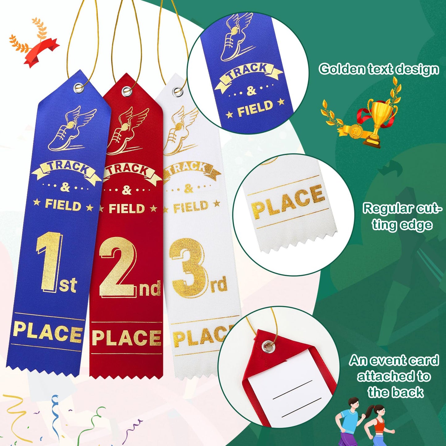 Lyrow 150 Pcs Track and Field Ribbons Education Award Ribbons 1st 2nd 3rd Place Flat Carded Set Prize Ribbon First Place Prizes with Event Card and Rope for Competition, Blue Red White