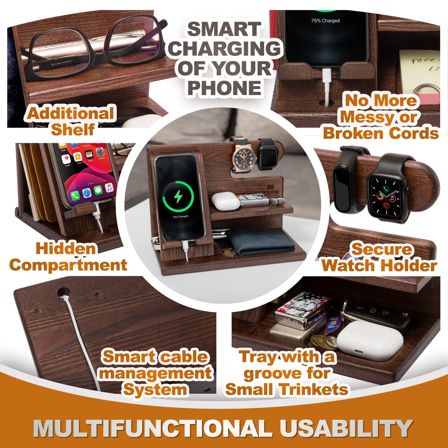 TESLYAR Wood Phone Docking Station - Nightstand Organizer - Desk Organizer for Husband - Birthday Gifts for Men, Dad - Idea for Anniversary from Wife - Key Holder - Stand Wallet & Watch (Deep Brown)
