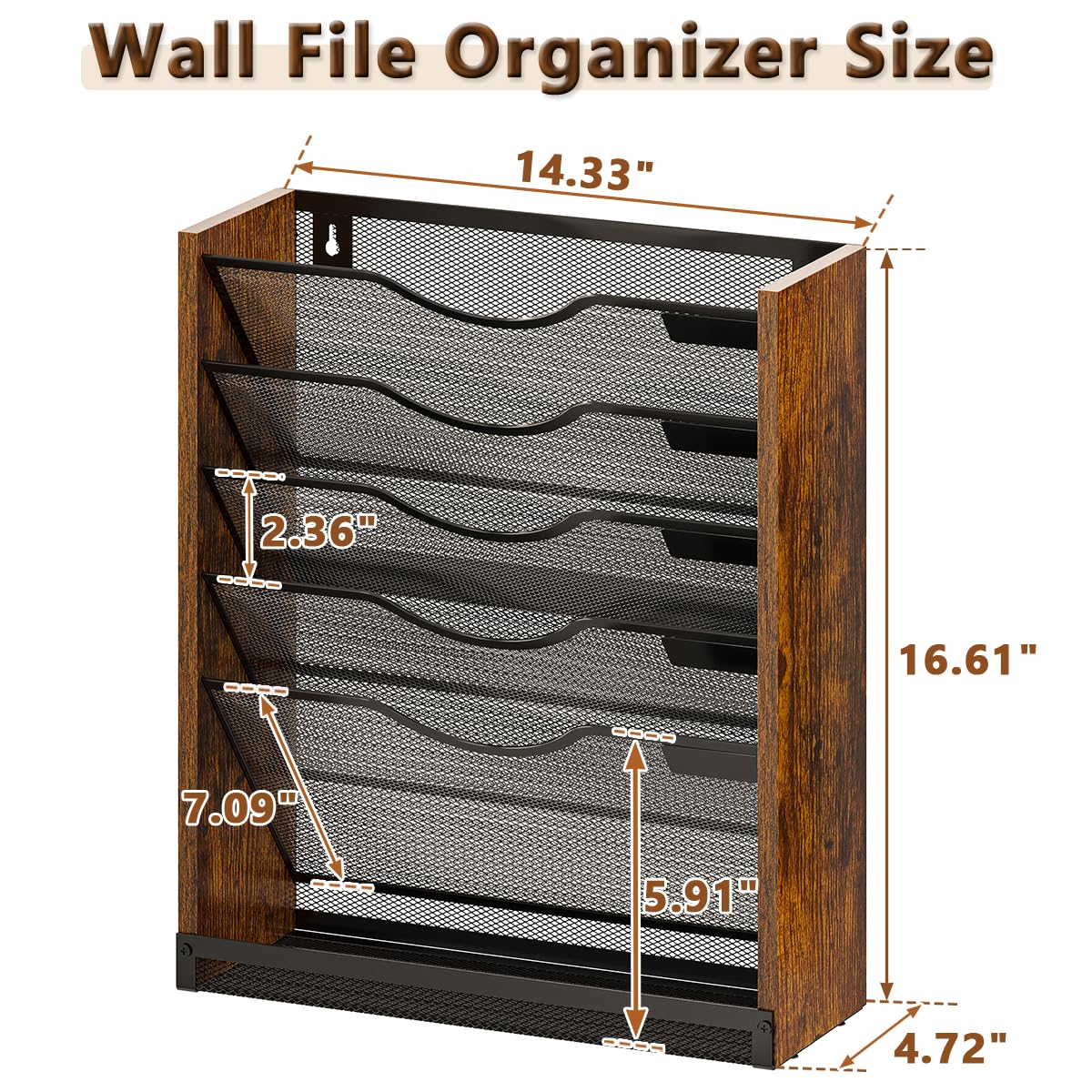 6-Tier Wall File Organizer with Bottom Tray, Ironwood Mail Organizer Wall Mounted with Metal Mesh, Document Organizer for Paper, Folder, Magazine, Office Desk Accessories for Home Cubicle Countertop