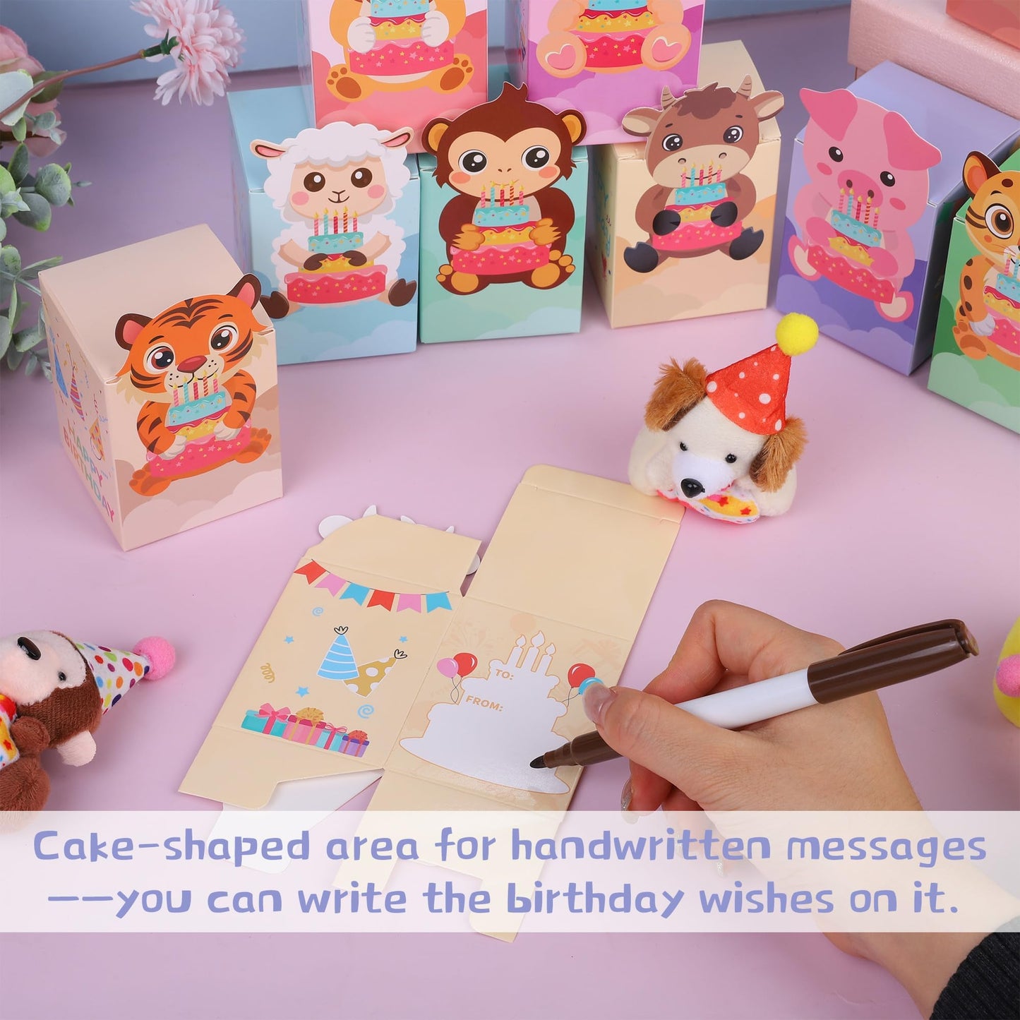MOVING EARS 24 Pack Birthday Gifts Small Stuffed Animals Assorted Card Boxes Mini Animal Toys Keychains Bulk for Classroom Exchange Party Favor School Teacher Student