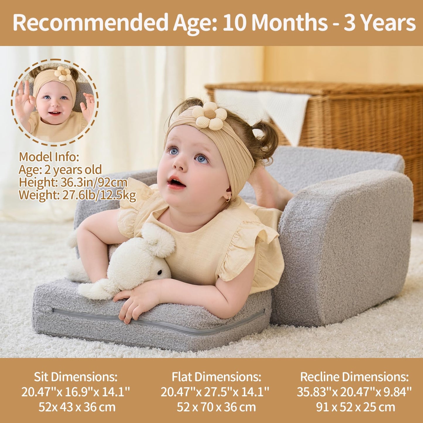 KidBloom 3-in-1 Toddler Couch, Toddler Chairs Comfy 2-3 Years Old, Kids Couch Bed Fold Out, Gifts for 2 3 Year Old Girls Boys