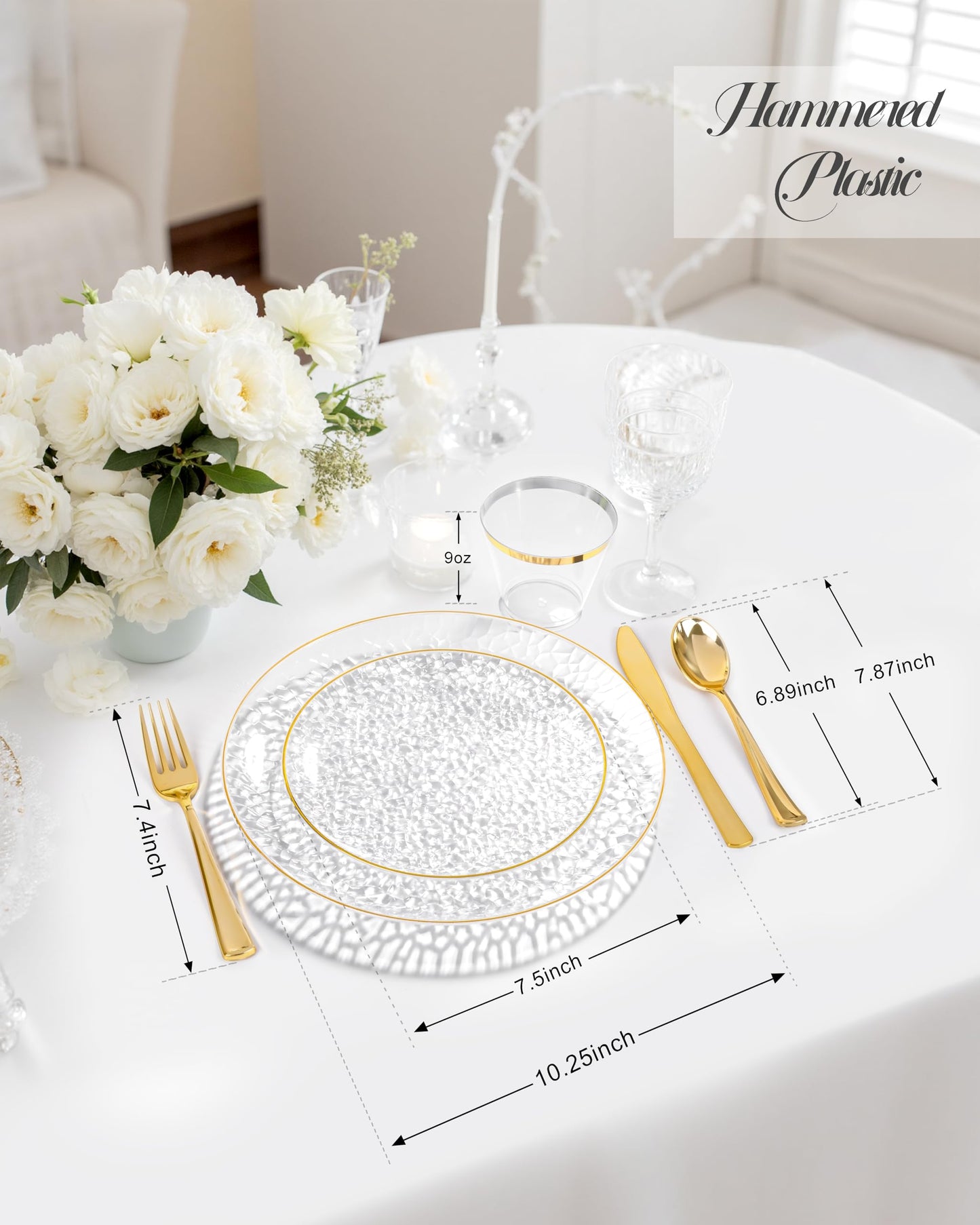 Hioasis 350pcs Clear Gold Plastic Plates - Clear Plastic Dinnerware Set Includes 50 Dinner Plate, 50 Dessert Plate, 50 Cups, 50 Napkins Perfect for Wedding & Party & Wedding