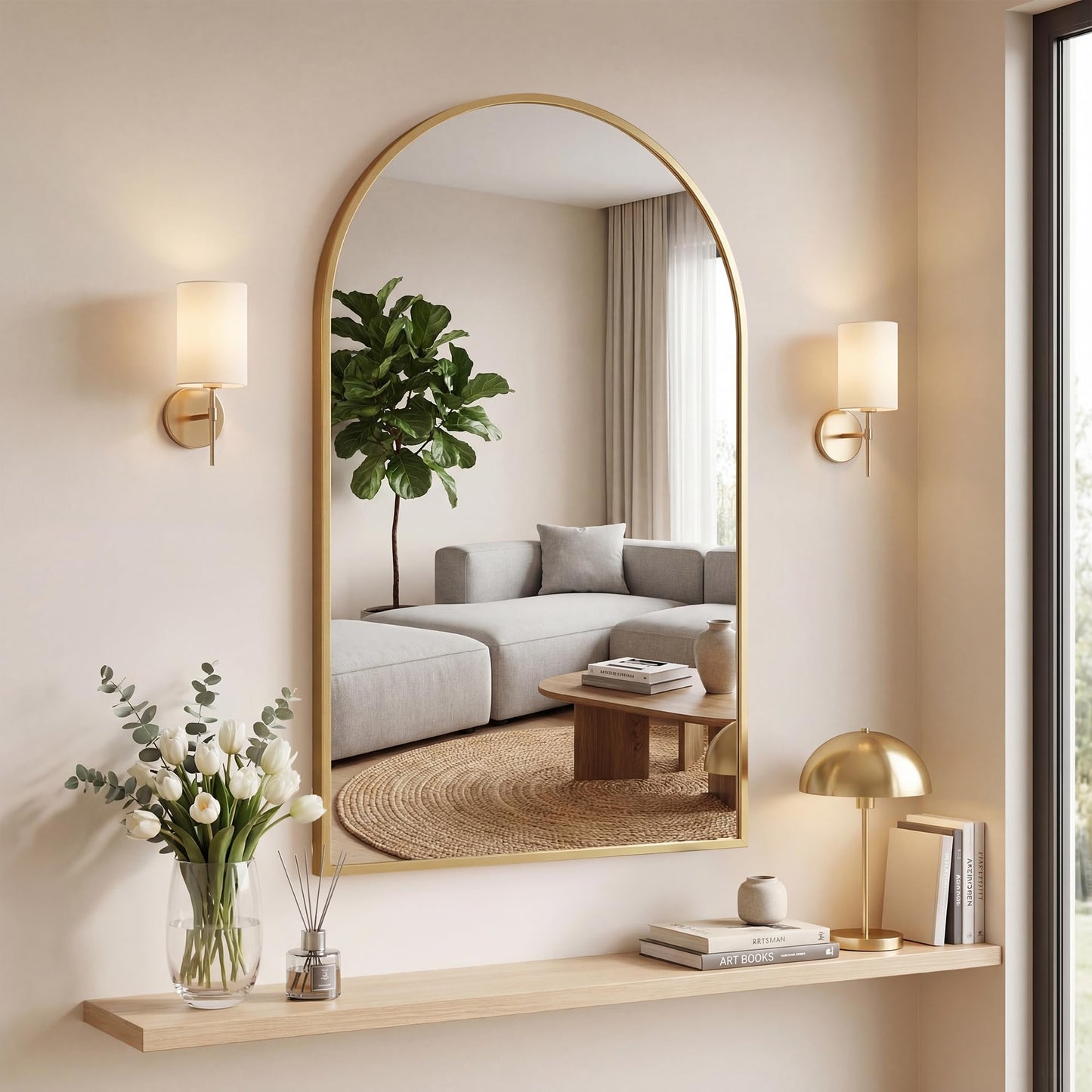 OLIXIS 24x36 Inch Arched Gold Bathroom Mirrors for Over Sink, Wall Mirror, Arch Bathroom Vanity Mirror with Matte Metal Frame and Tempered Glass for Home Decor, Living Room, Shatterproof