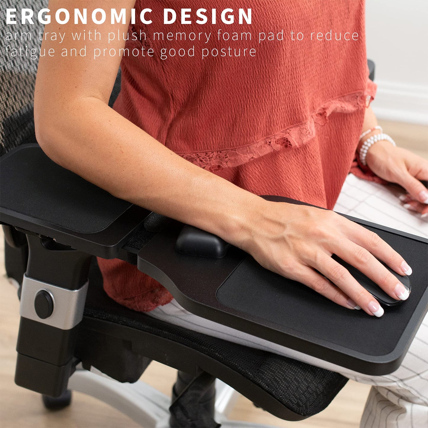 VIVO Wood Adjustable Length Arm Rest Mouse Pad with Wrist Cushion, Extension Platform Tray, Attaches to Chair with Straps, Black, MOUNT-MS02D