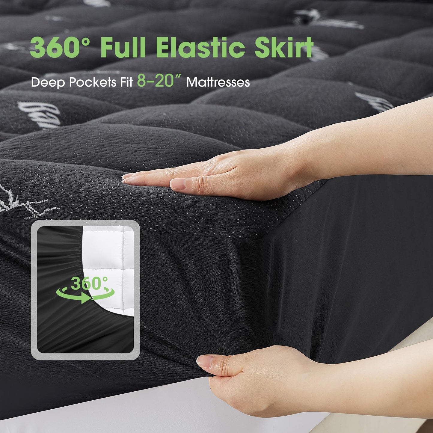 Mattress Pad King Size, Cooling Pillow Top Mattress Topper, Ultra Soft Viscose from Bamboo, Breathable for Hot Sleepers, Deep Pocket 8"-20", Black