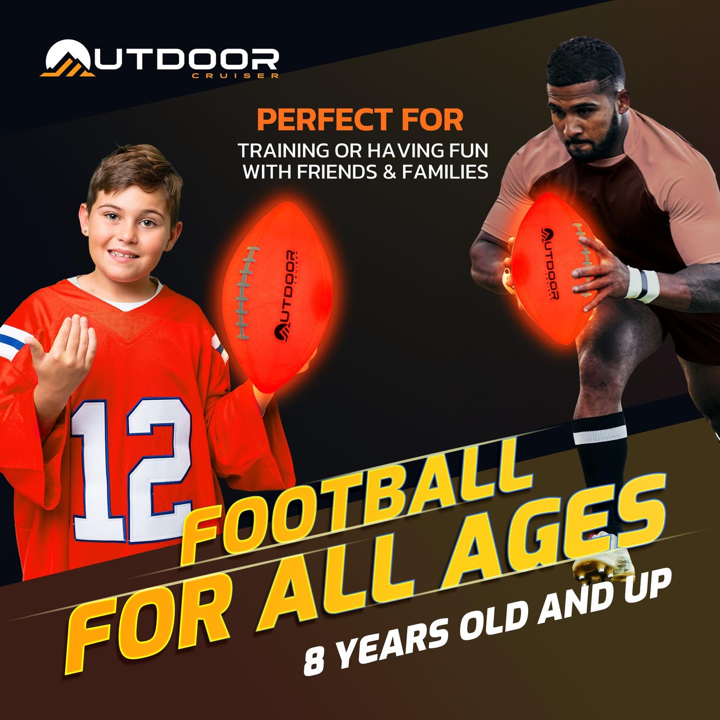 OutdoorCruiser Light Up Rugby Ball - Waterproof Rubber Construction, Glow in The Dark, Glows Up to 30 Hrs with Tap Activation, Complete Set with Pump & Spare Batteries, Official Size 6, for Ages 8-15
