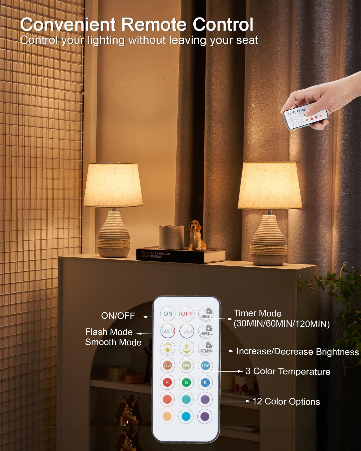 UMEXUS 13” Small Ceramic Cordless Table Lamp with Timer, Dimmer, Linen Shade, Remote Control, Rechargeable Battery Light for Patio Nightstand Kitchen Counter Living Room Side Table, Bulb Included