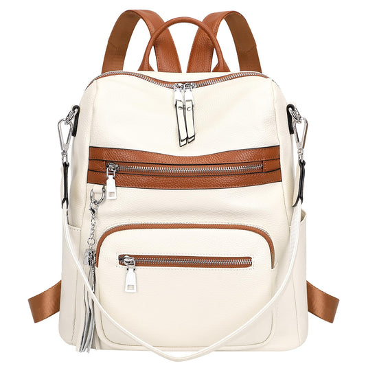 ALTOSY Genuine Leather Backpack Purse for Women Large Shoulder Bag With Laptop Compartment Multiple Pockets (S106 Beige/Brown)