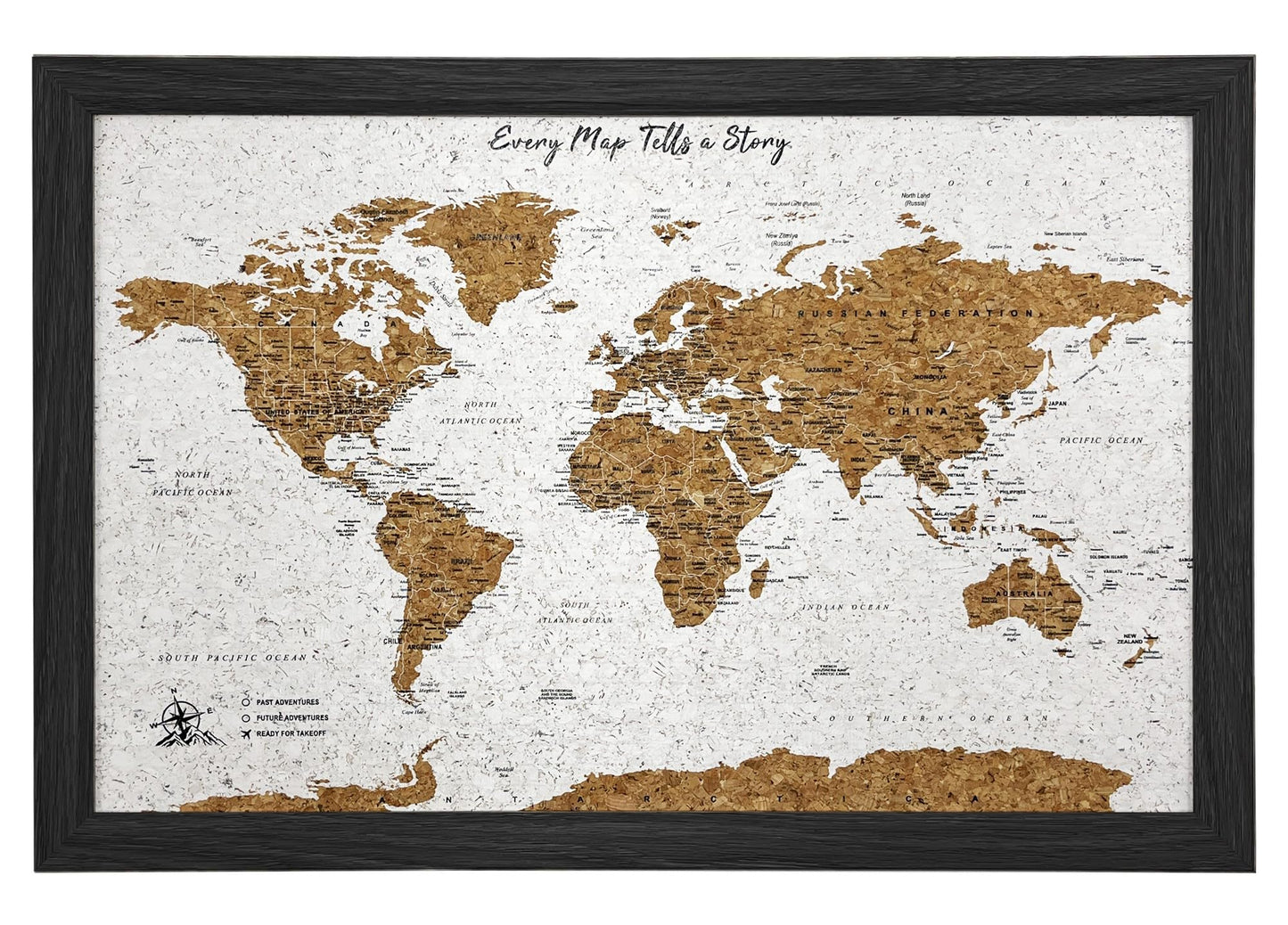 Gleneagles World Travel Map with Pins - Black Frame Cork Board 70 Push Pins Included 21.2''x14.2'' Home Office Wanderlust Decor Gift Present for Travelers Mark Past Future Adventure 3 Colours