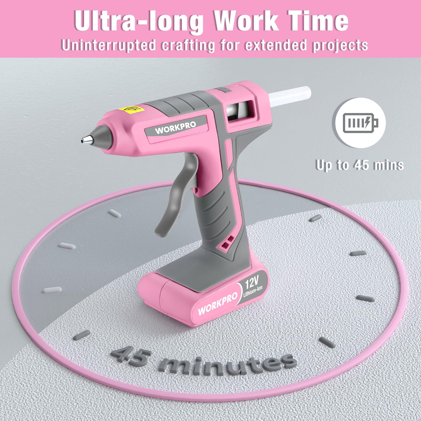 WORKPRO Full Size Cordless Hot Melt Glue Gun - 12V Rechargeable Fast Preheating Glue Gun Kit with 15pcs Full Size Glue Sticks, Auto Power-off Glue Gun for DIY Project, Art, Craft - Pink Ribbon