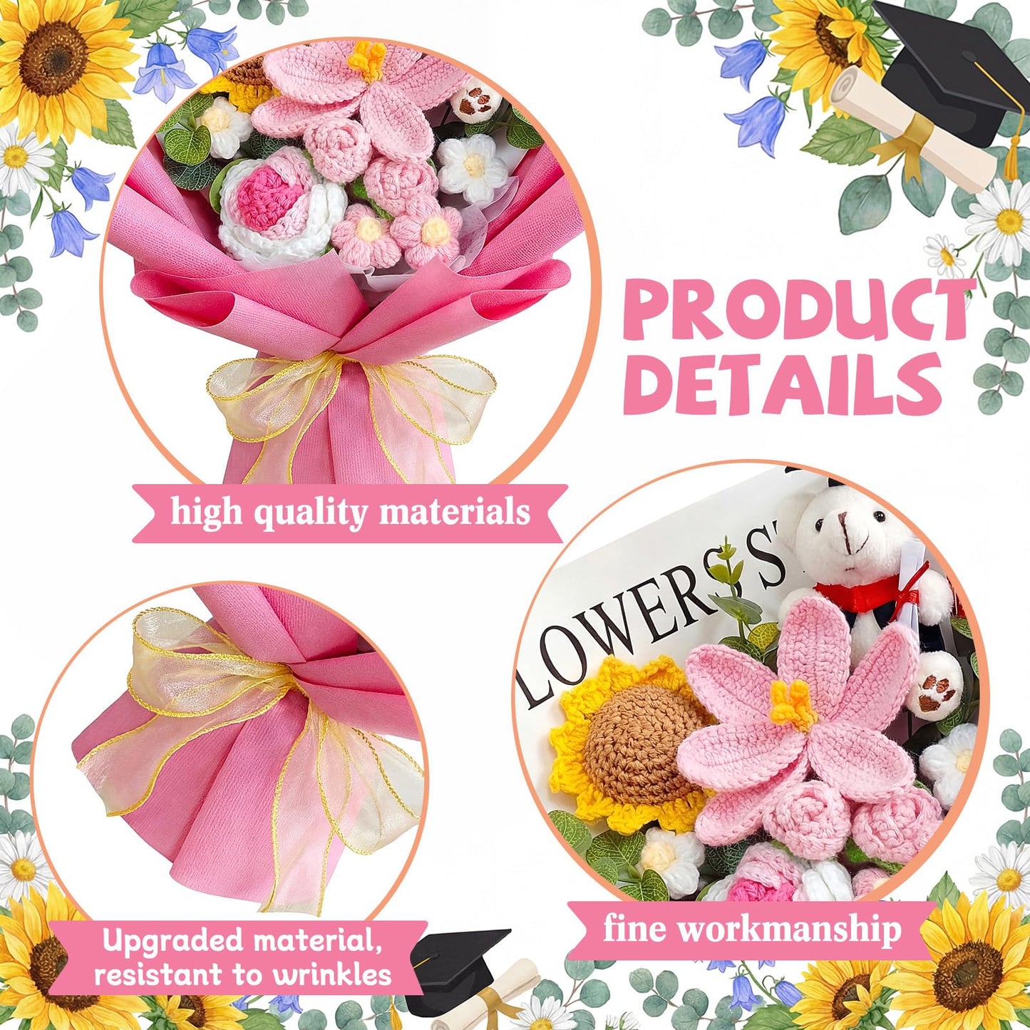 Giegxin Graduation Crochet Flowers Bouquet Set 2026 Grad Cap Plush Bear Hand Knitted Rose Tulip Daisy Sunflower Bouquet Greeting Card Gift Bag for Wedding Birthday Party Favors(Pink)