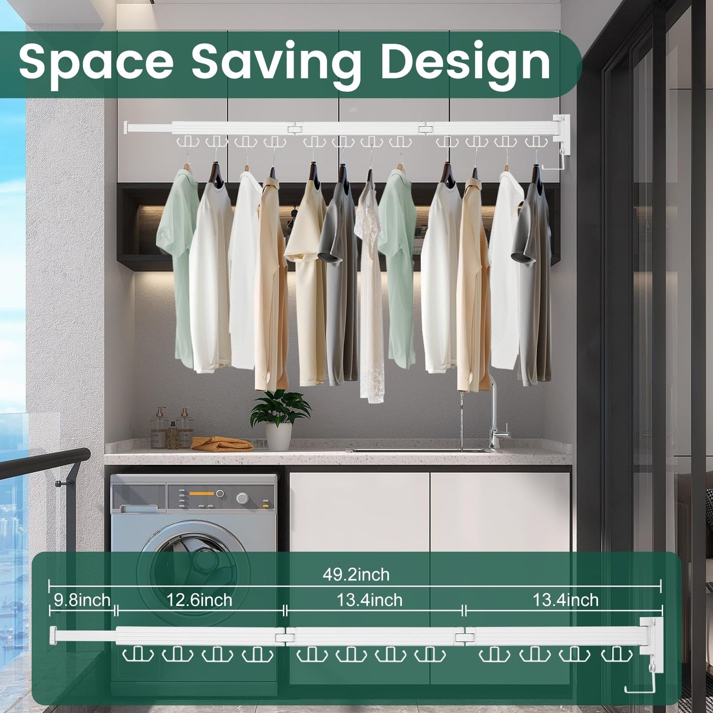 Kelisiting Wall Mounted Clothes Drying Rack, Laundry Drying Rack Wall Mount, 3-Fold Drying Rack Clothing, Foldable Clothes Drying Rack with 12 Dual Hooks Organization for Laundry Room Indoor - White