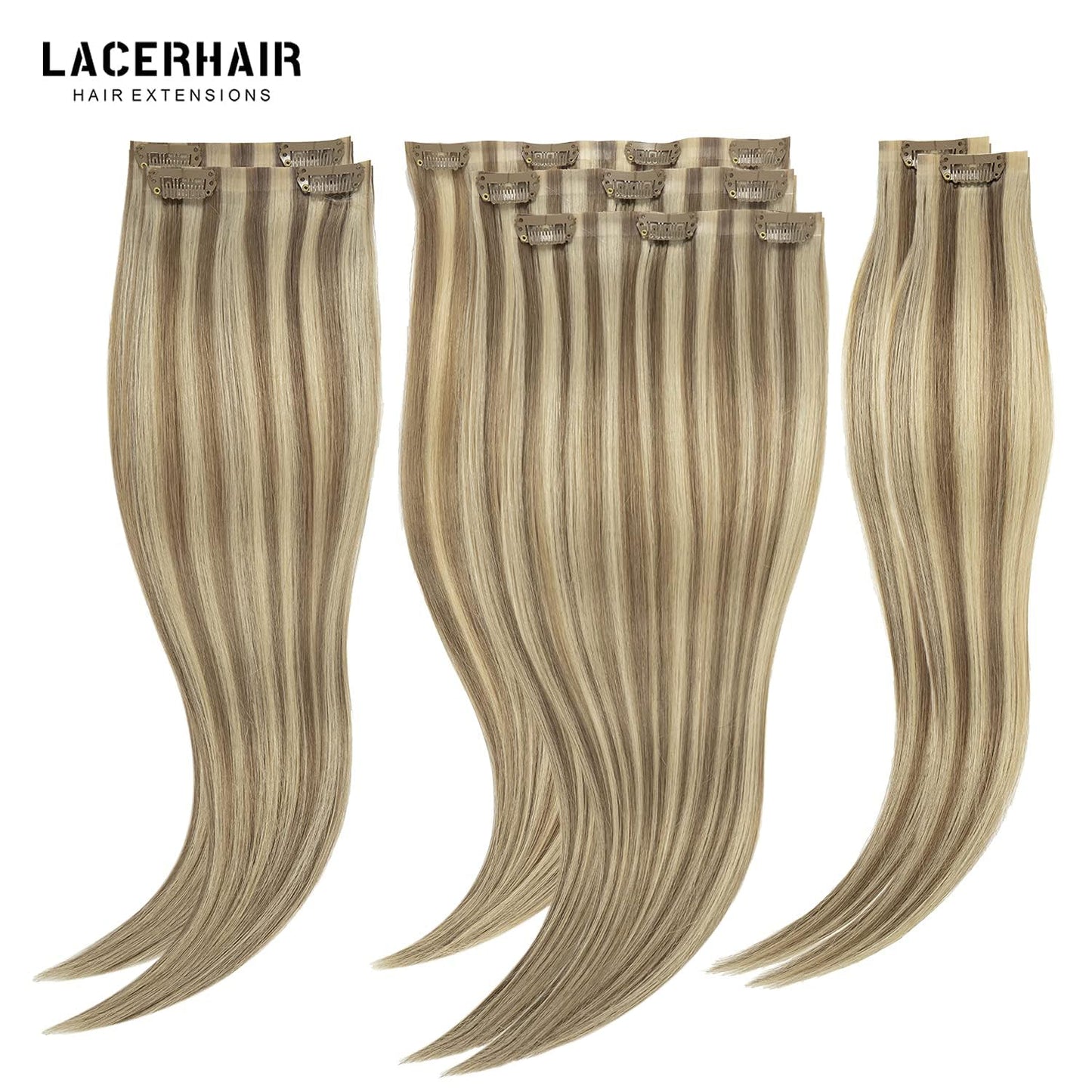Lacer Hair Seamless Clip in Hair Extensions Human Hair Highlight Color Light Brown with Platinum Blonde 8pcs Invisible PU Skin Weft Straight Natural Remy Hair Extensions Clip in for Women 20 Inch 115g