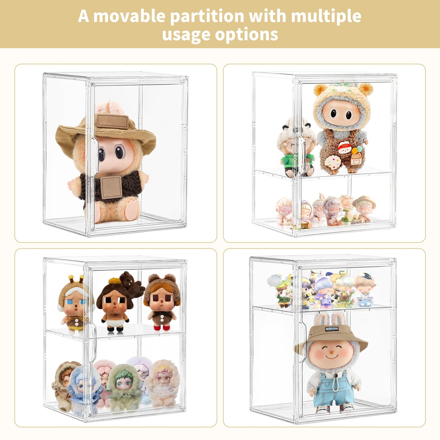 Acrylic Display Case for Collectibles, Clear Storage Bin with 3 Adjustable Layers and1 Removable Divider, Stackable Clear Storage Box with Magnetic Door for Figures, Home or Office,Large,2Pack