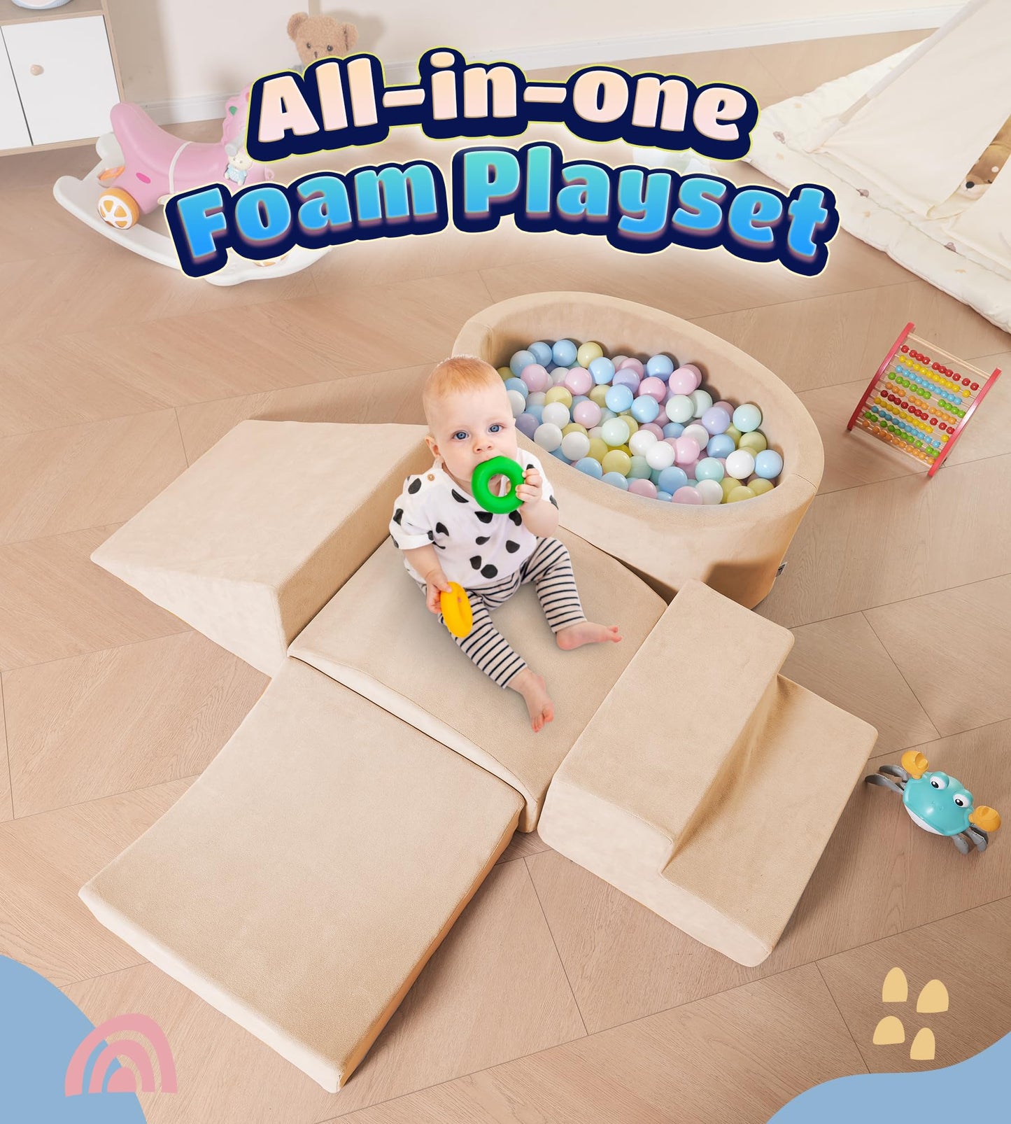 Elftopia Foam Climbing Blocks with Ball Pit Designed for Toddlers Aged 1-3 -Great for Indoor Crawling, Inside Foam Playground Set for Little Ones to Active Playing -(Balls NOT Included) Beige