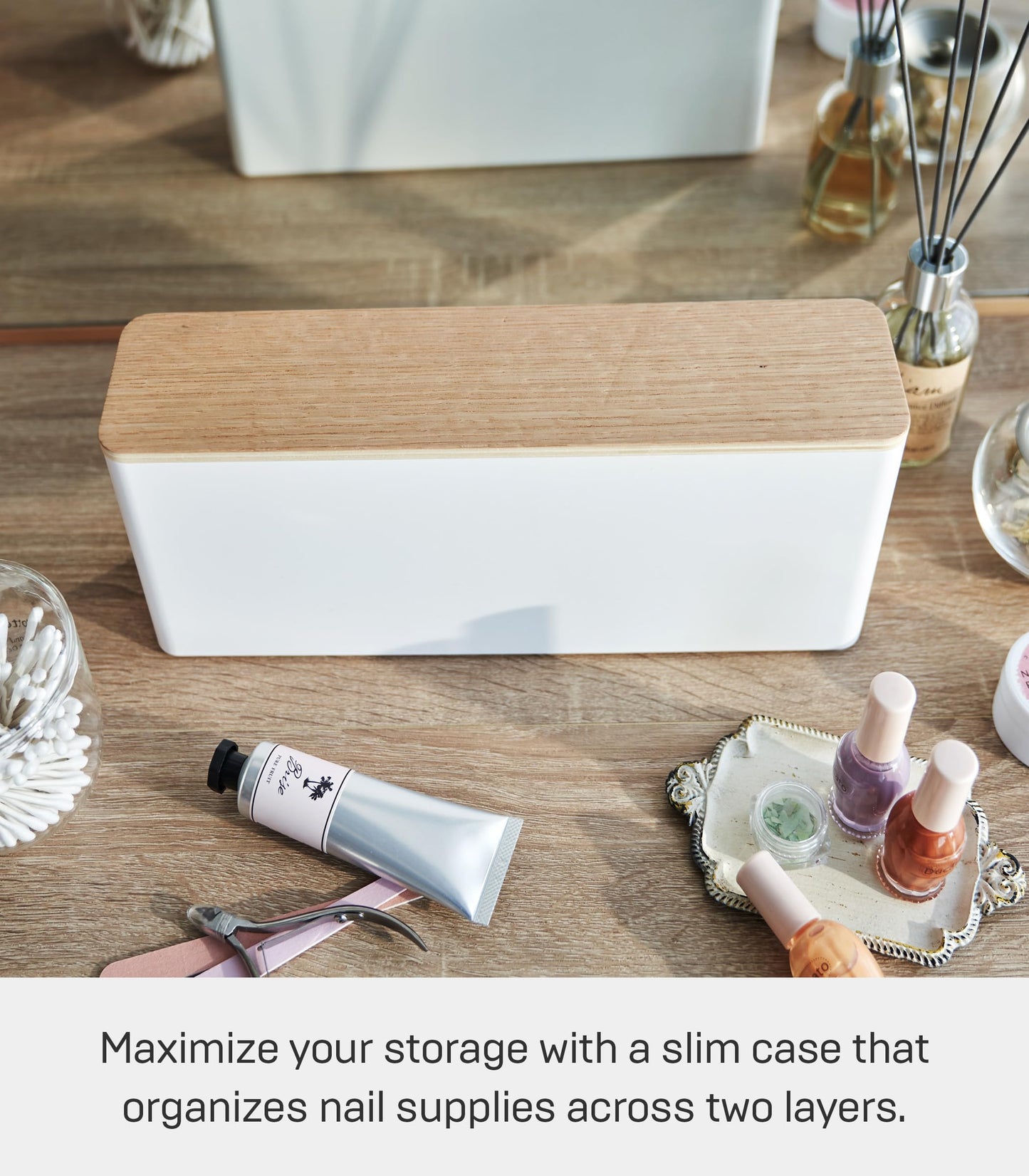 Yamazaki Home Tosca Spacious Nail Polish Organizer With Lid - Slim Storage Case With Tray For Nail Care Supplies - Ps Resin