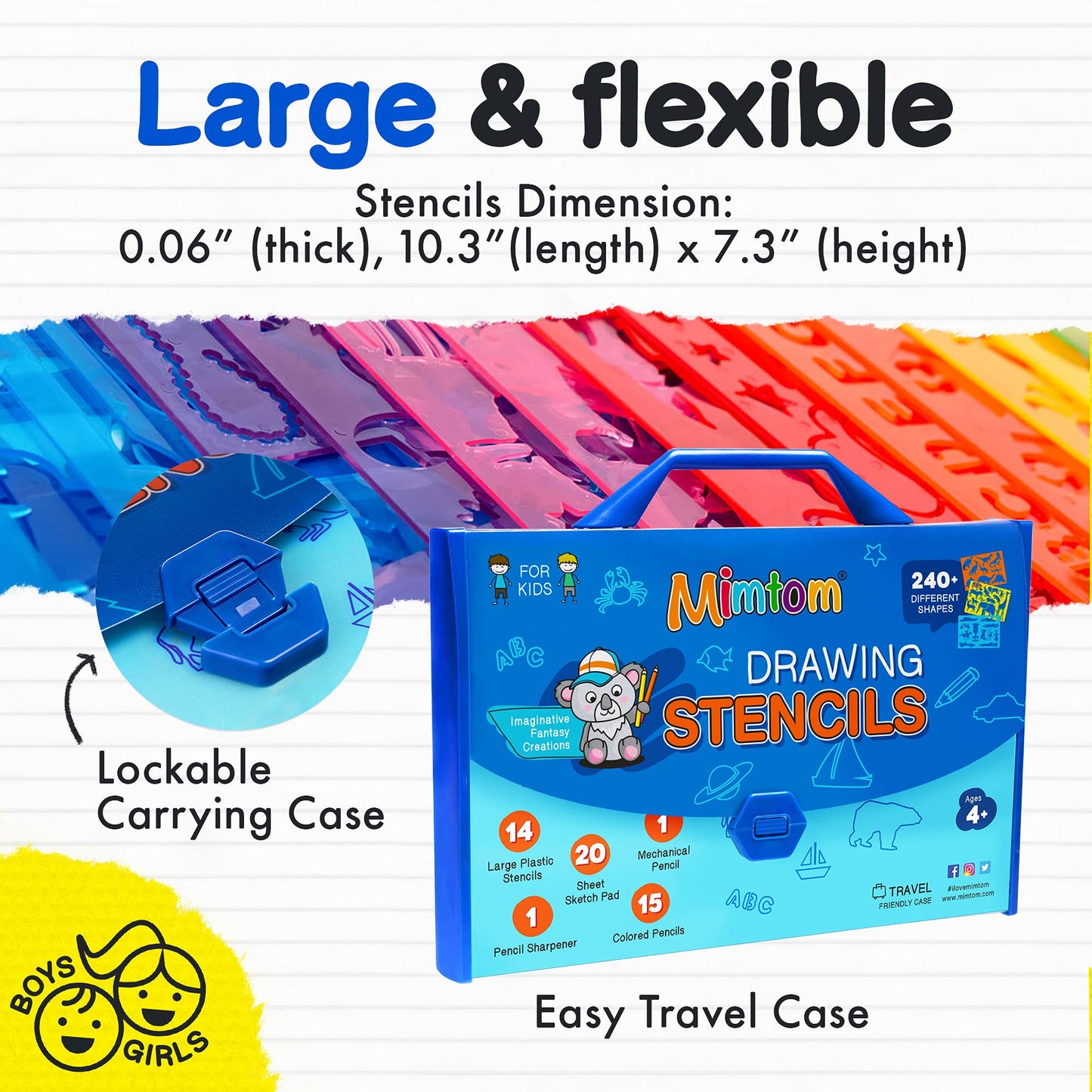 Mimtom Drawing Stencil Kit for Kids | 51 PC Arts and Crafts Stencil Set with over 240 Creative Shapes to Unleash Your Child's World of Imagination | Kid-Safe Fun Activity Toy for Ages 4 and Up