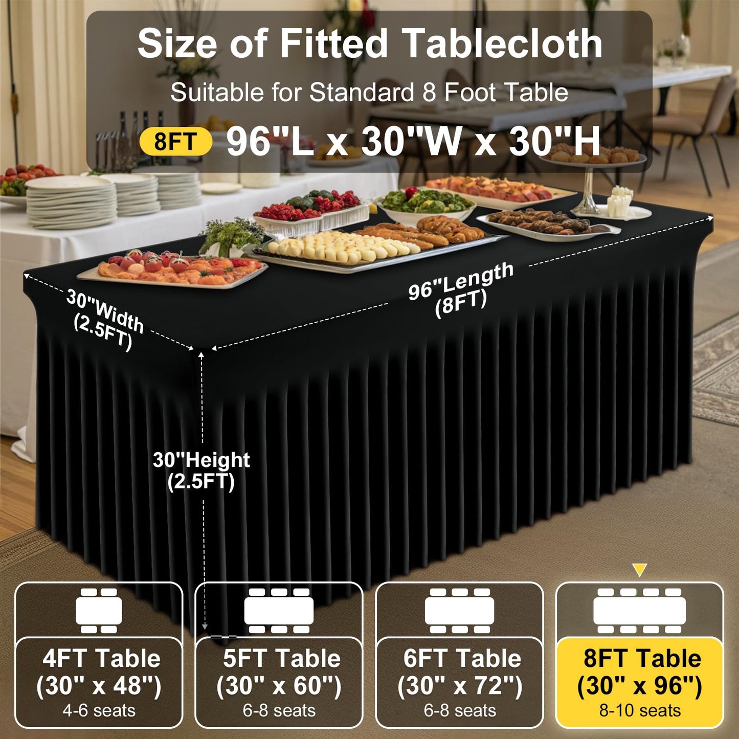 Smiry Spandex Tablecloth 2 Pack, Elastic Fitted Stretch Tablecloth for 8FT Rectangle Tables, Waterproof Washable Table Cover Skirt for Outdoor, Wedding, Banquet & Parties (Black, 96Lx30Wx30H Inch)