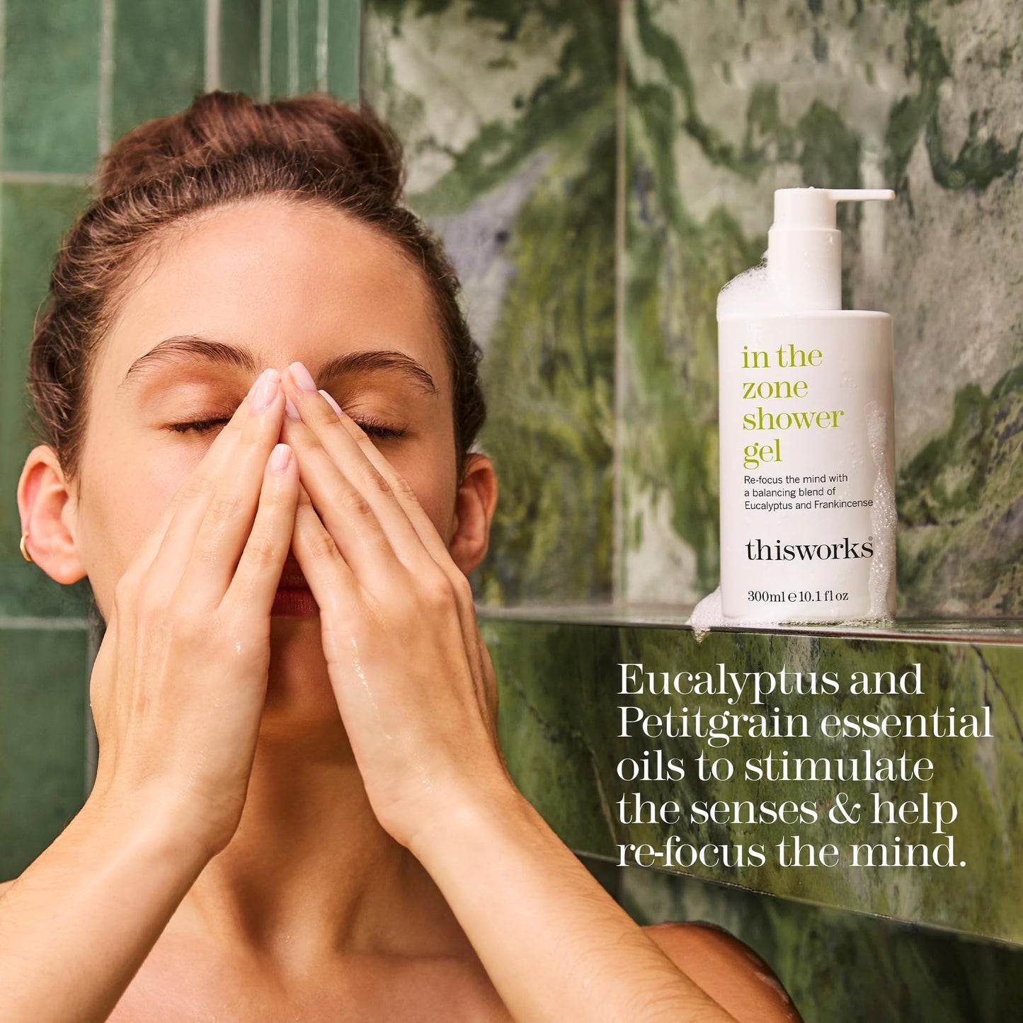 This Works In The Zone Shower Gel | Refreshing Body Wash with Eucalyptus & Frankincense | Cleanses, Soothes, and Revitalizes Skin | Aromatherapeutic Formula, 10.1 oz / 300ml