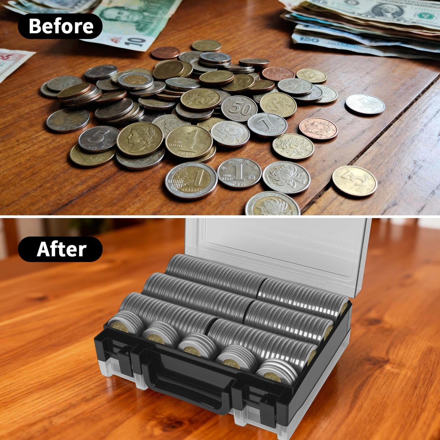 Coin Collector Case with 141 pcs Capsules with Foam Gaskets & 220 Dollar Bill Sleeve-Coin Collection Supplies Storage Organizer Box for Secure Coin and Paper Money Display(Black case+Black Gasket)