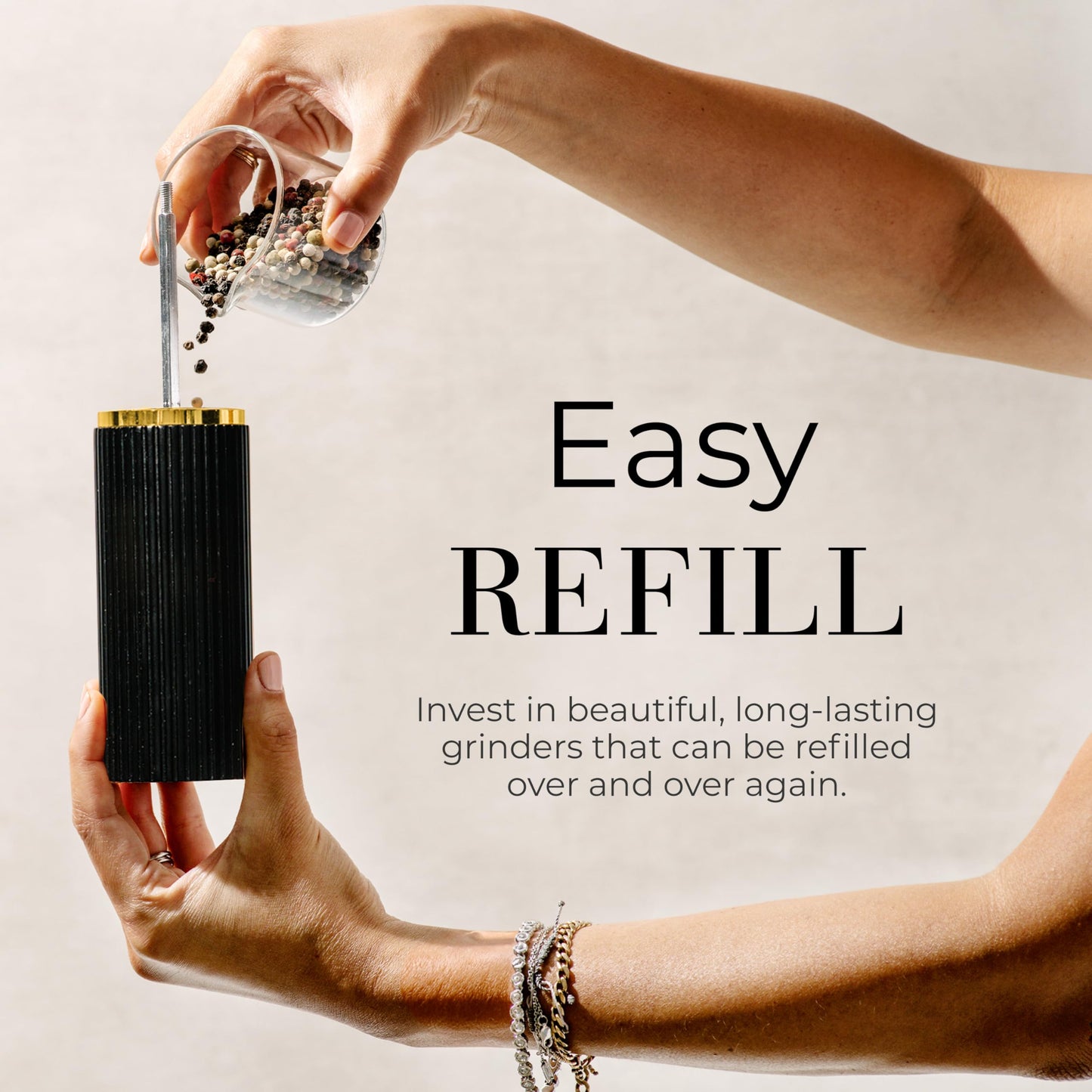Wooden Salt and Pepper Grinder Set – Refillable Manual Salt and Pepper Mills with Adjustable Ceramic Burrs, Gold Detailing, and Wood Stand – Dark Wood