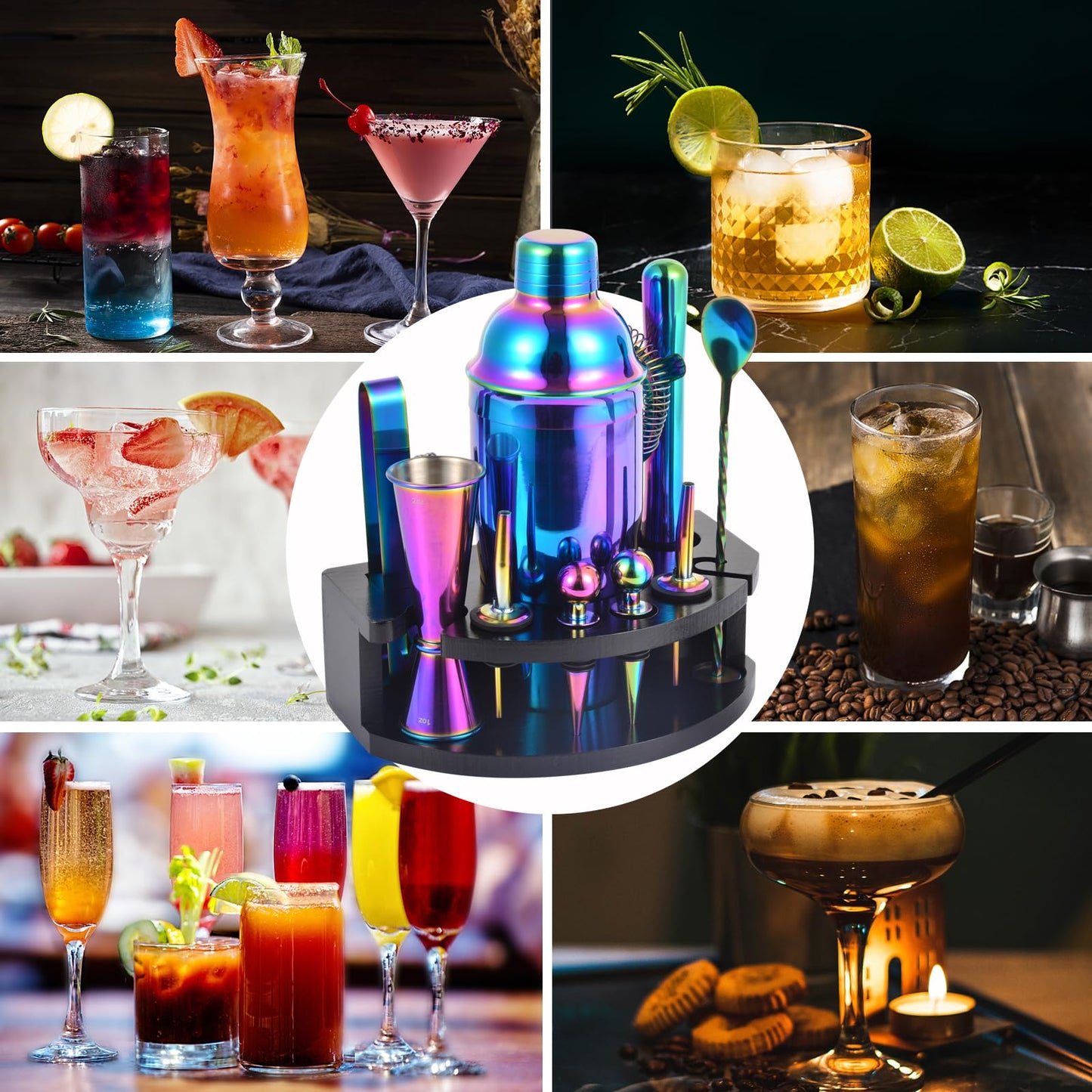Safring Bartender Kit with Stand, 12-Piece Bar Set | 24oz Cocktail Shaker Set for Drink Mixing, Martini Shaker Set with Bar Tools, Recipes Booklet | Fun Housewarming Gift (Rainbow)