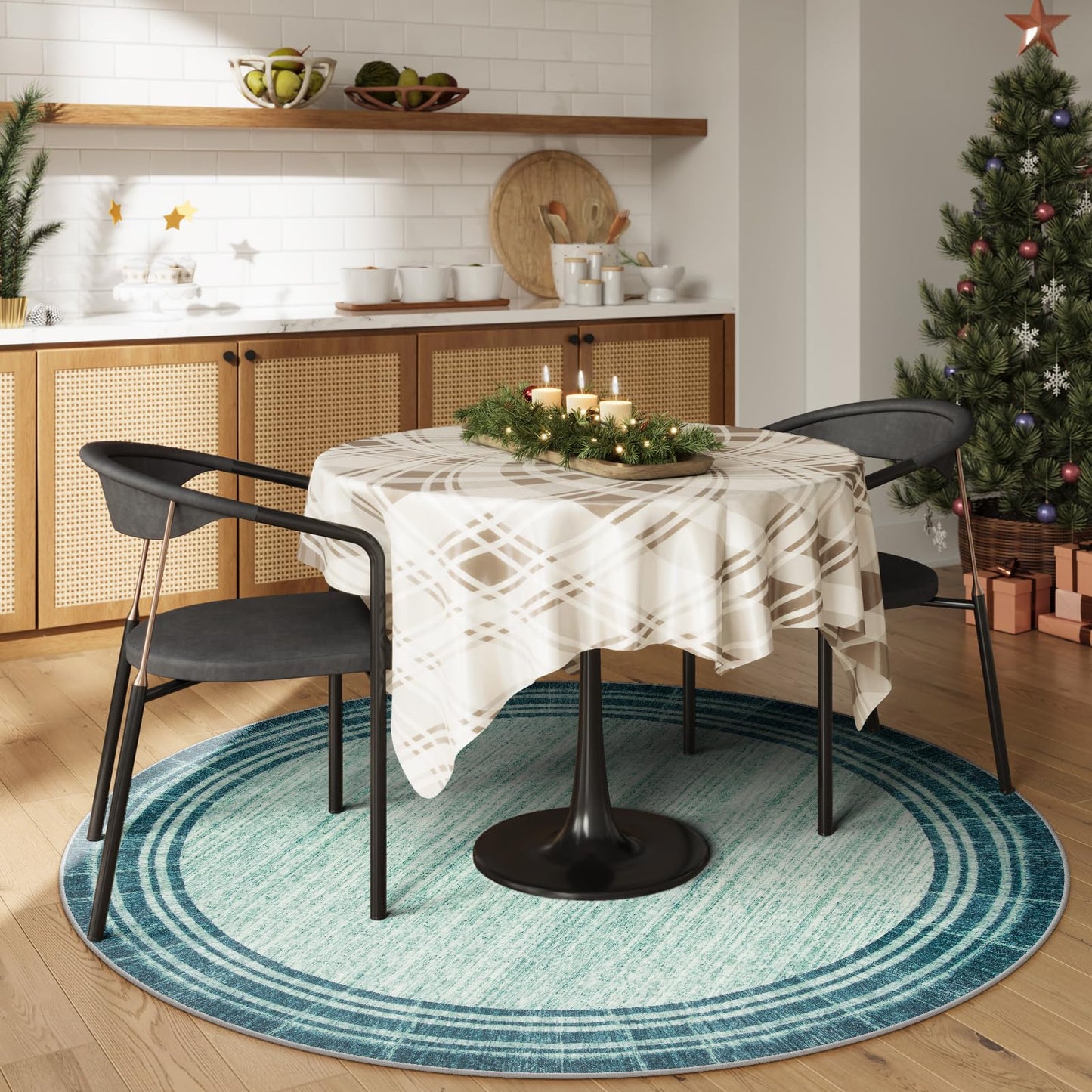 Lahome Abstract Round Rug 6 ft for Living Room, Ultra Thin Washable Soft Circle Bedroom Area Rug, Teal Printed Minimalist Boder Indoor Circular Carpet for Office Dining Room Under Table