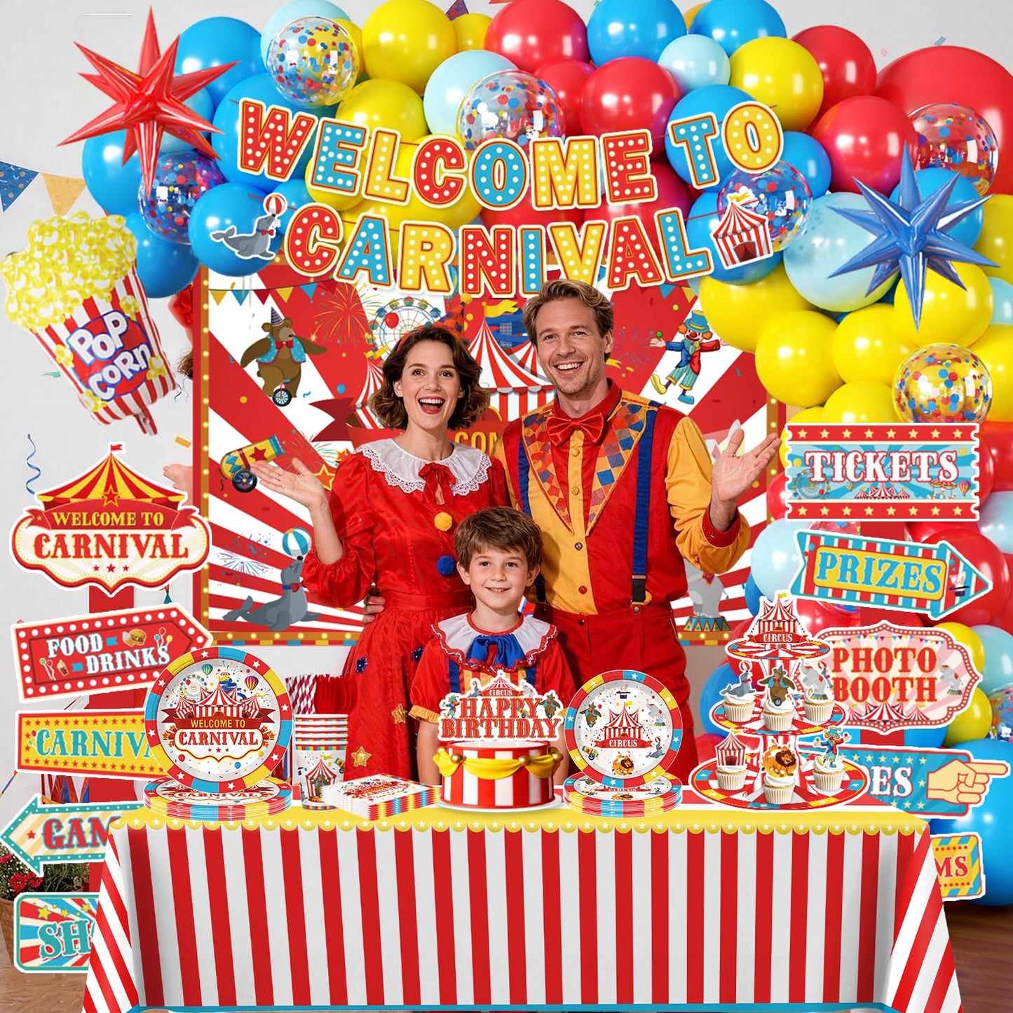 Cocomigo 302 PCS Circus Theme Party Decorations, All-in-One Carnival Theme Party Decorations Set with 25pcs Plates, Napkins, Tablecloths, Banner, Balloon Arch Circus Party Decorations for Girl & Boy