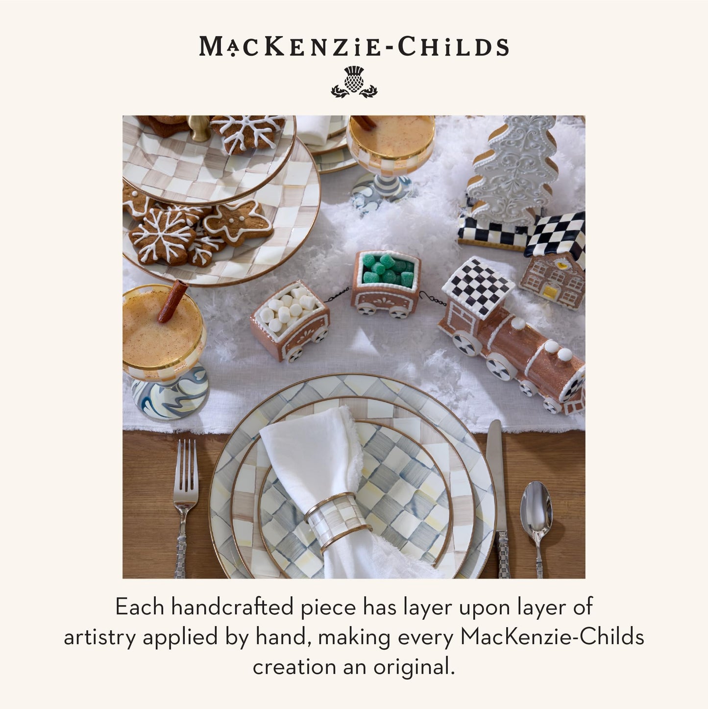 MACKENZIE-CHILDS Set of 4 Enamel Napkin Rings, Napkin-Holder Ring Set for Cloth Napkins, Brown-and-White Mocha Check