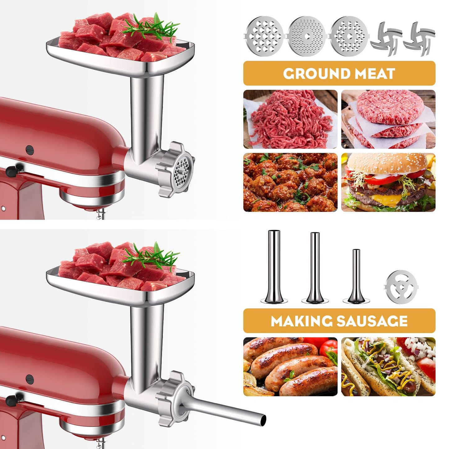 Meat Grinder & Stainless Steel Slicer Shredder Attachment for KitchenAid Stand Mixer, Meat Grinder Attachment with Sausage Stuffing Set and Cheese Grater, For KitchenAid Mixer Attachments