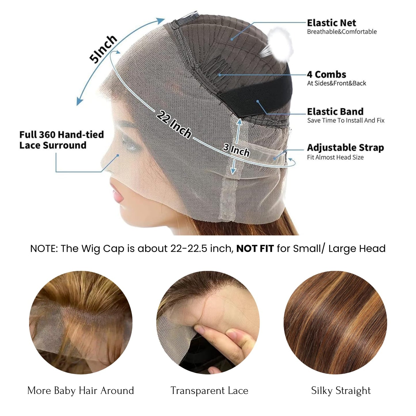 360 Lace Front Wigs Human Hair Highlight Ombre Straight Honey Blonde HD Transparent Lace Pre Plucked with Baby Hair 12A Brazilian Virgin Remy Hair P4/27 Colored Human Hair Wig 150% Density 18 Inch