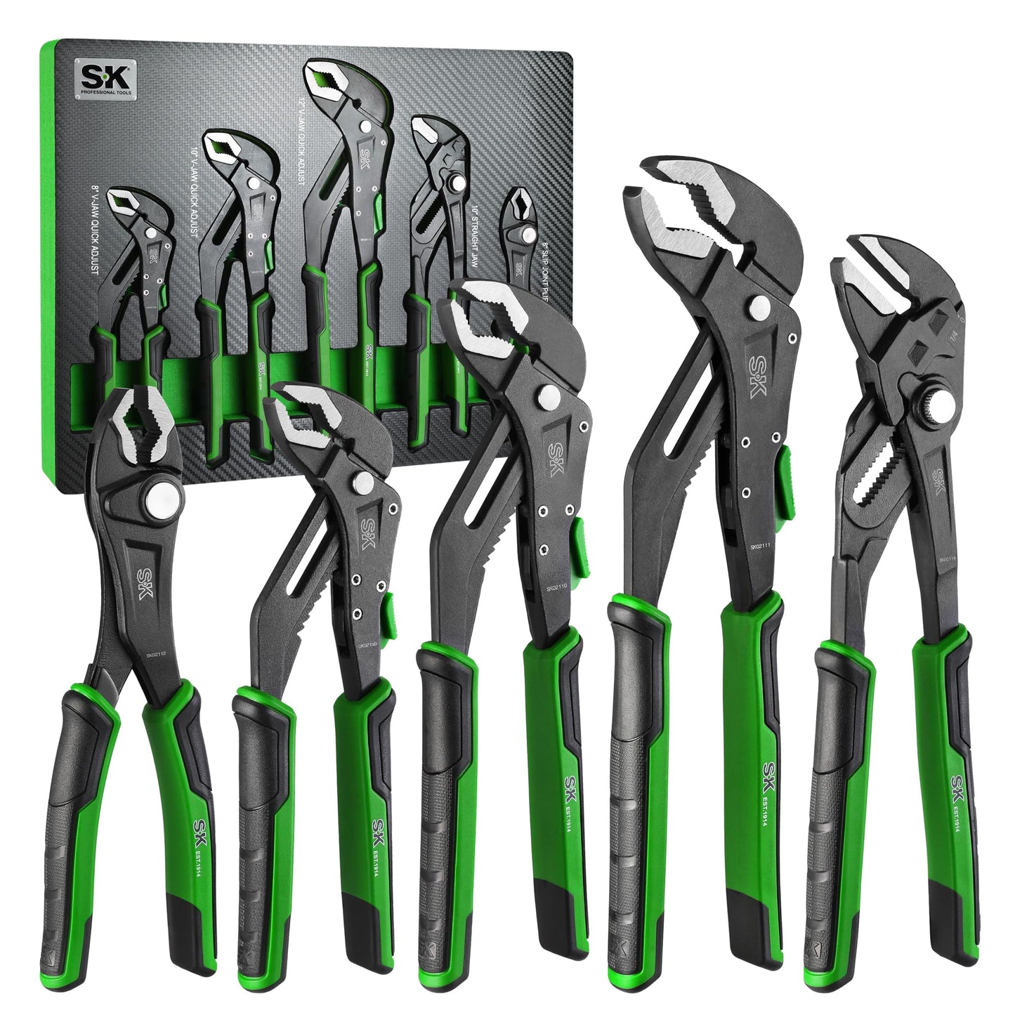 SK 5-Piece Pliers Set, 8" Adjustable Joint Plier, 8", 10" and 12" Quick Adjust V-Jaw Groove Joint Pliers, 10" Plier Wrench, Premium CR-V Construction, with EVA Foam Tool Organizer