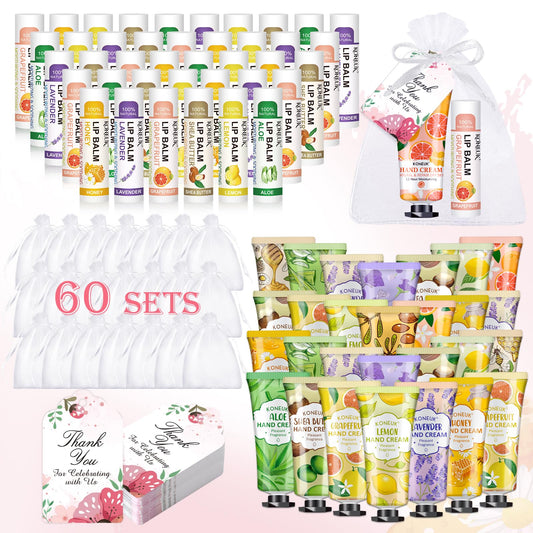 60 Pack Hand Cream Bulk and Lip Balm Bulk Sets, Valentines Day Gifts for Her, Bridal Shower Favors and Wedding Shower Favors for Guests, Mothers Day Gifts for Mom, Thank You Gifts for Women