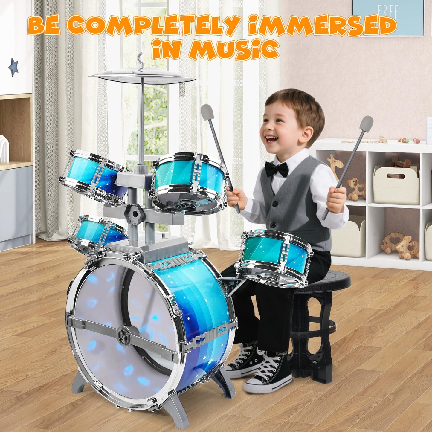LeeQee Drum Set for Kids 1-3, Jazz Drumset for Toddler 3-5 Vibrant Aurora Light with 5 Pcs High Drums, Musical Instruments Toy for Age 5-7 Year Old Boys Girls