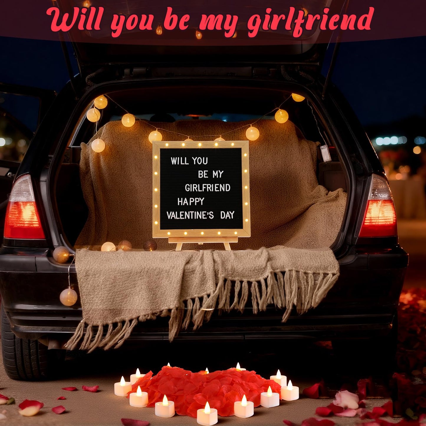 Ceenna Will You Be My Girlfriend Romantic Sign with LED Candles and Artificial Rose Petals Valentine's Day DIY Felt Letter Wood Board Sign with Lights for Valentine's Day Anniversary Party(Black)