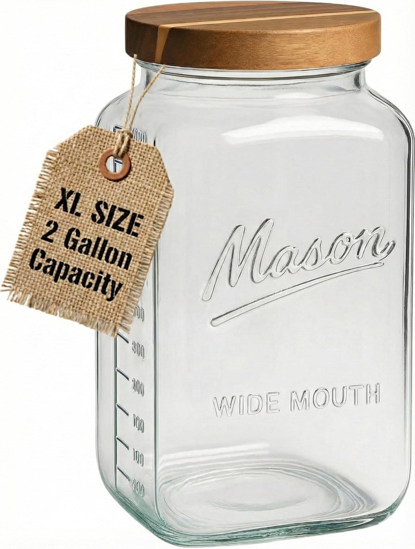 kitchentoolz 2 Gallon Glass Mason Jar with Airtight Wooden Lid – Wide Mouth Square Storage Container with Measurement Marks – Ideal for Pantry Organization, Dry Goods & Food Prep