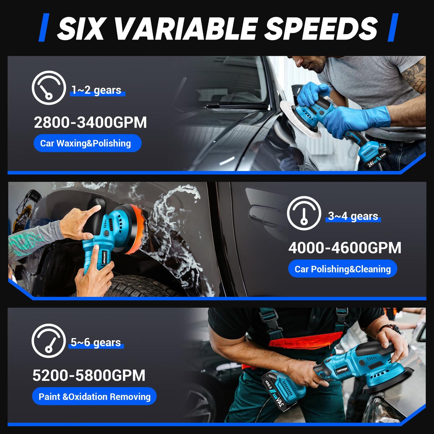 LDHTHOPI Cordless Buffer Polisher with 2×2000mAh Battery, 10000RPM 1600W High Power Car Polishing Kit with 6 Variable Speed, 23PCS Polishing Accessories for Car Polishing Waxing Detailing