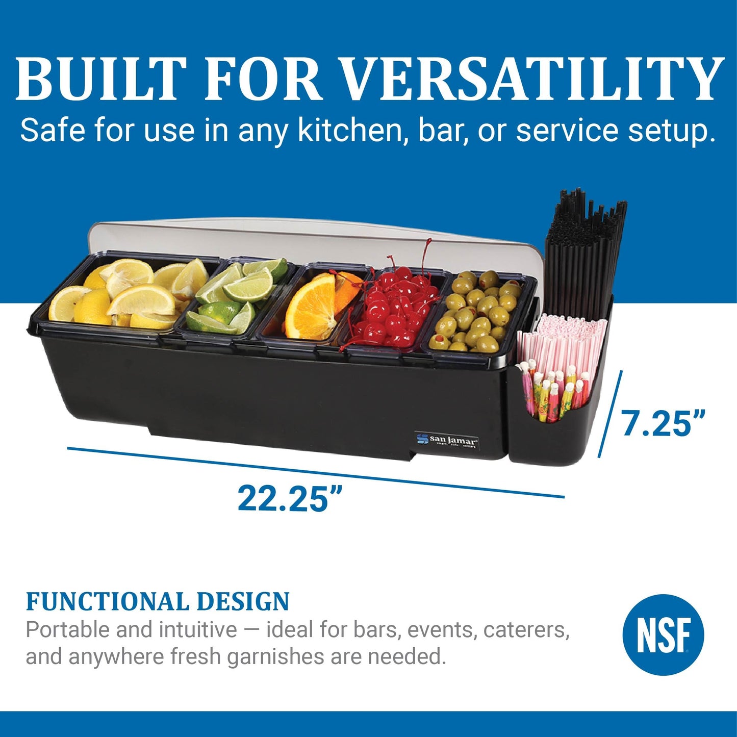 San Jamar Dome Garnish Center 5 Tray with Dome Lid for Kitchen, Bar, And Restaurants, Plastic, 8 Pints, Black
