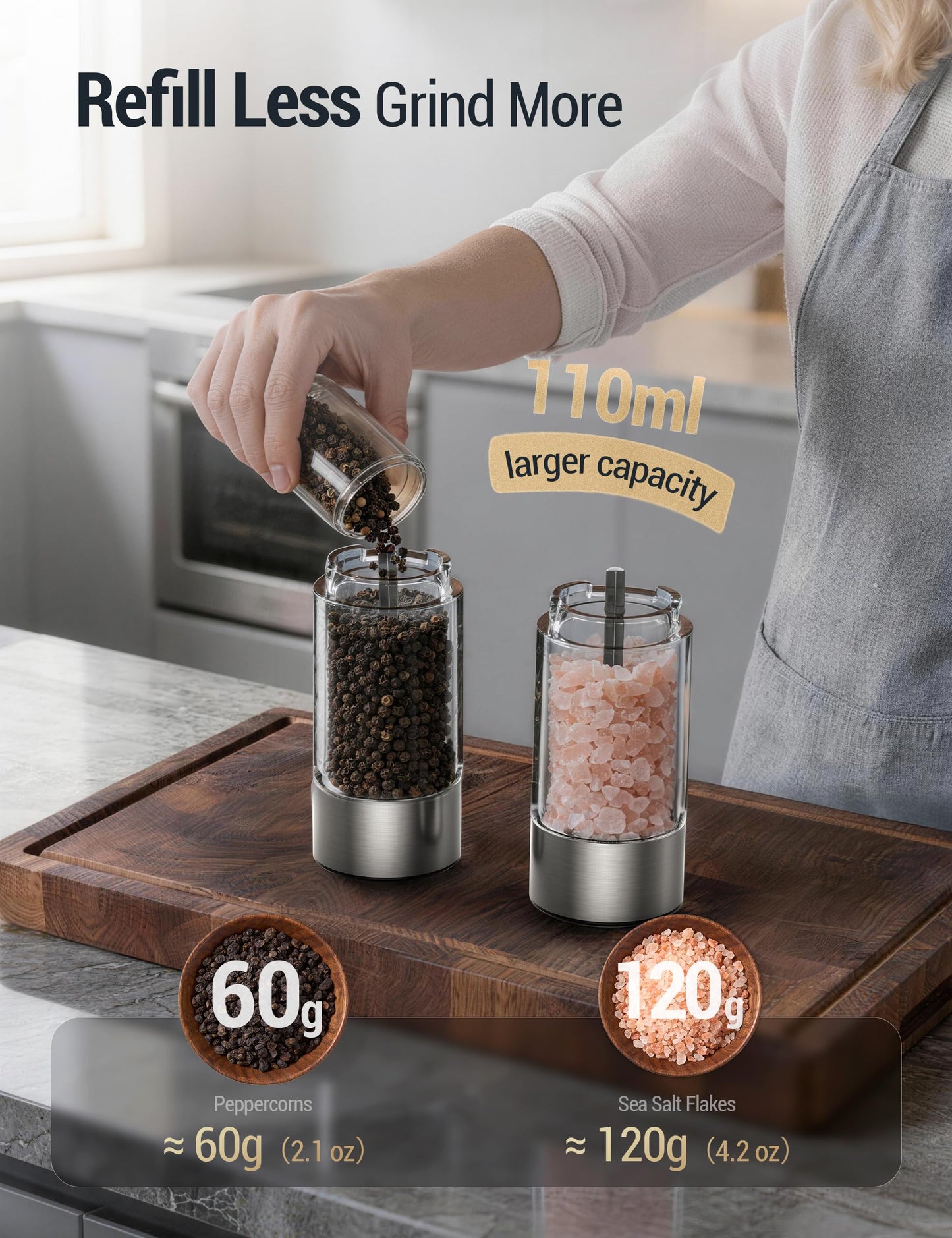 ThermoMaven Electric Salt and Pepper Grinder Set, 110ml Larger Rechargeable Automatic Salt and Pepper Mill Grinder with 6 Adjustable Coarseness, Electric Salt and Pepper Shakers, LED, Gun Grey